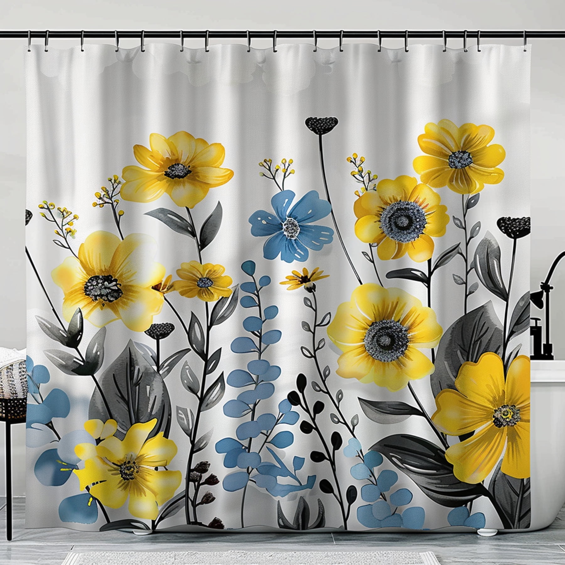 Stunning Yellow and Blue Flower Shower Curtain Transform Your Bathroom