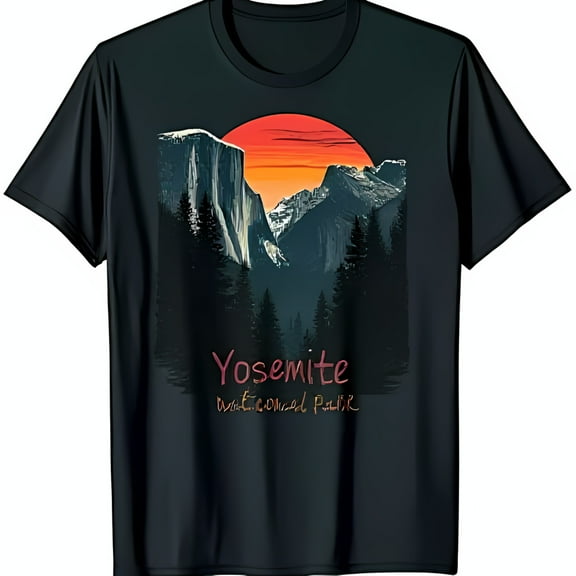 Stunning Yosemite Park Graphic Tee Half Dome & Capitan Sunset Design on Charcoal Black T-Shirt