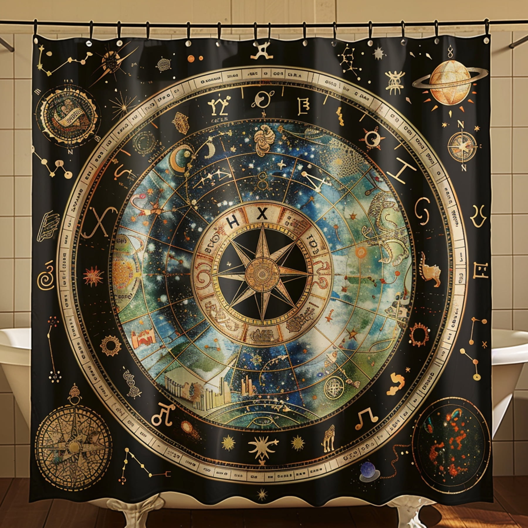 Stunning Zodiac Star Map Shower Curtain Celestial Design in Black Blue