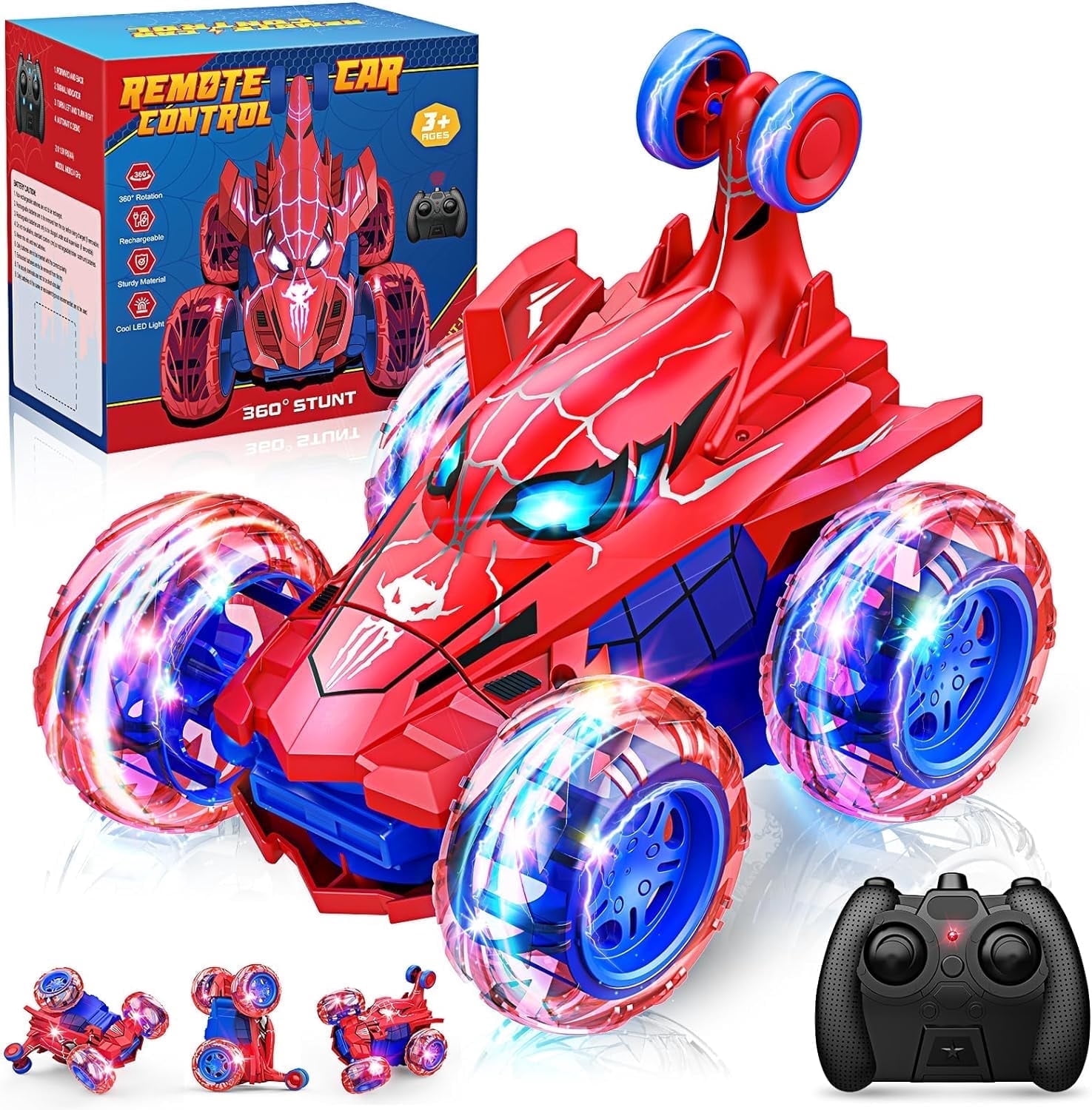 Remote Control Car for Kids, RC Car Toys for Boys Age 3-10, Charging Remote Control Stunt Cars with 360 Flips 4WD Wheel Lights for Birthday Gift
