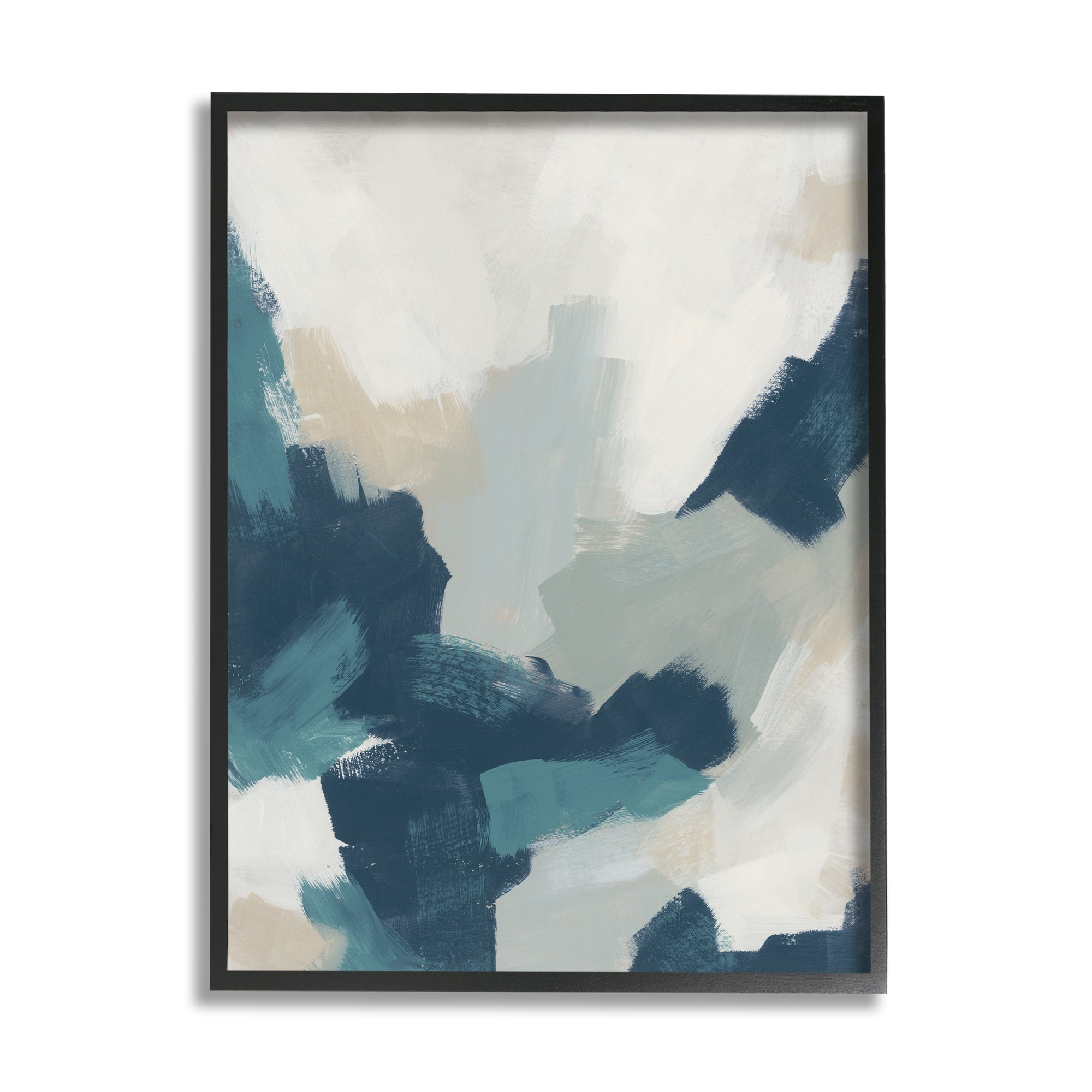 Stupell Abstract Blue & Cream Brush Strokes Abstract Painting Black Framed Art Print Wall Art