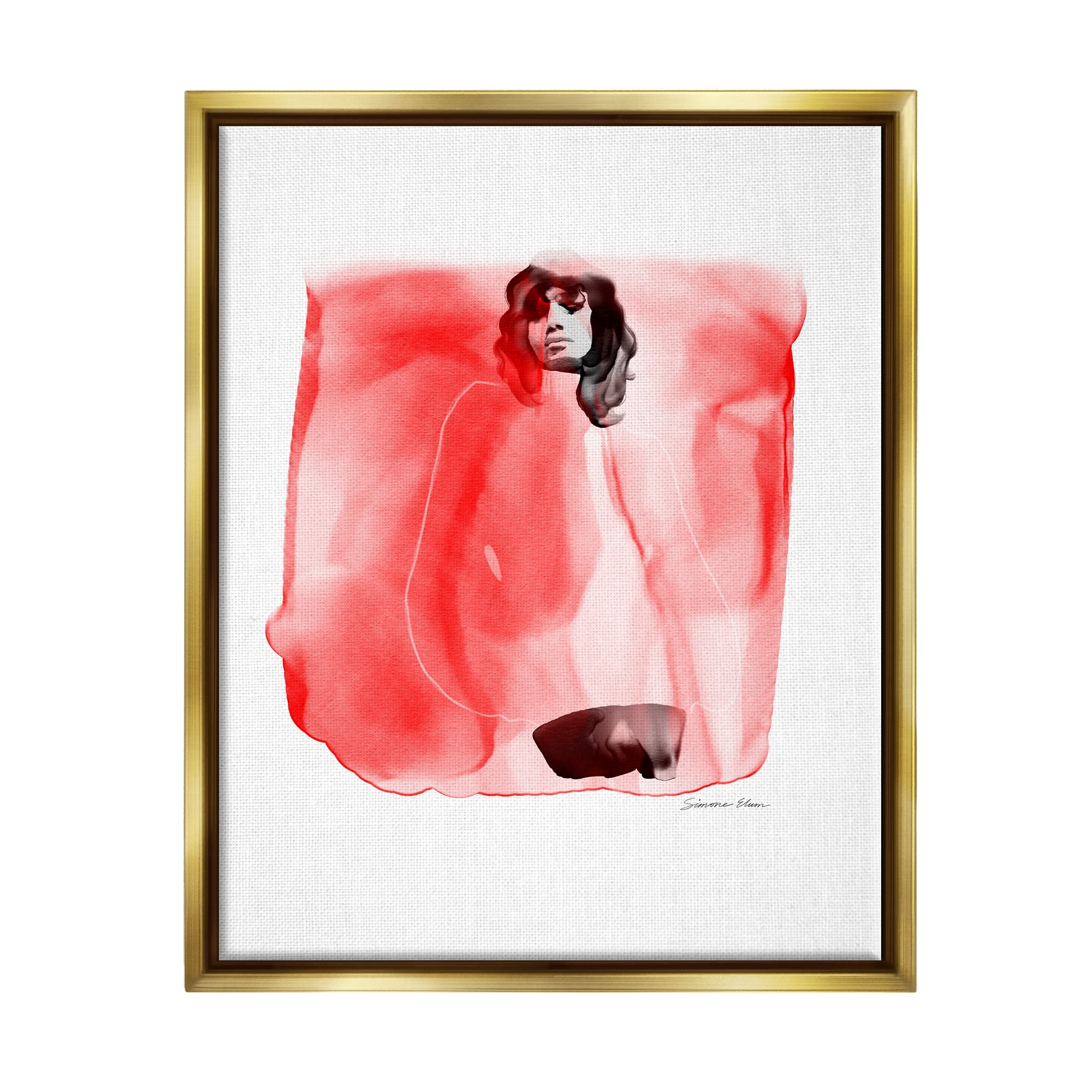 Stupell Abstract Girl on Red Abstract Painting Gold Floater Framed Art Print Wall Art, 17 x 21