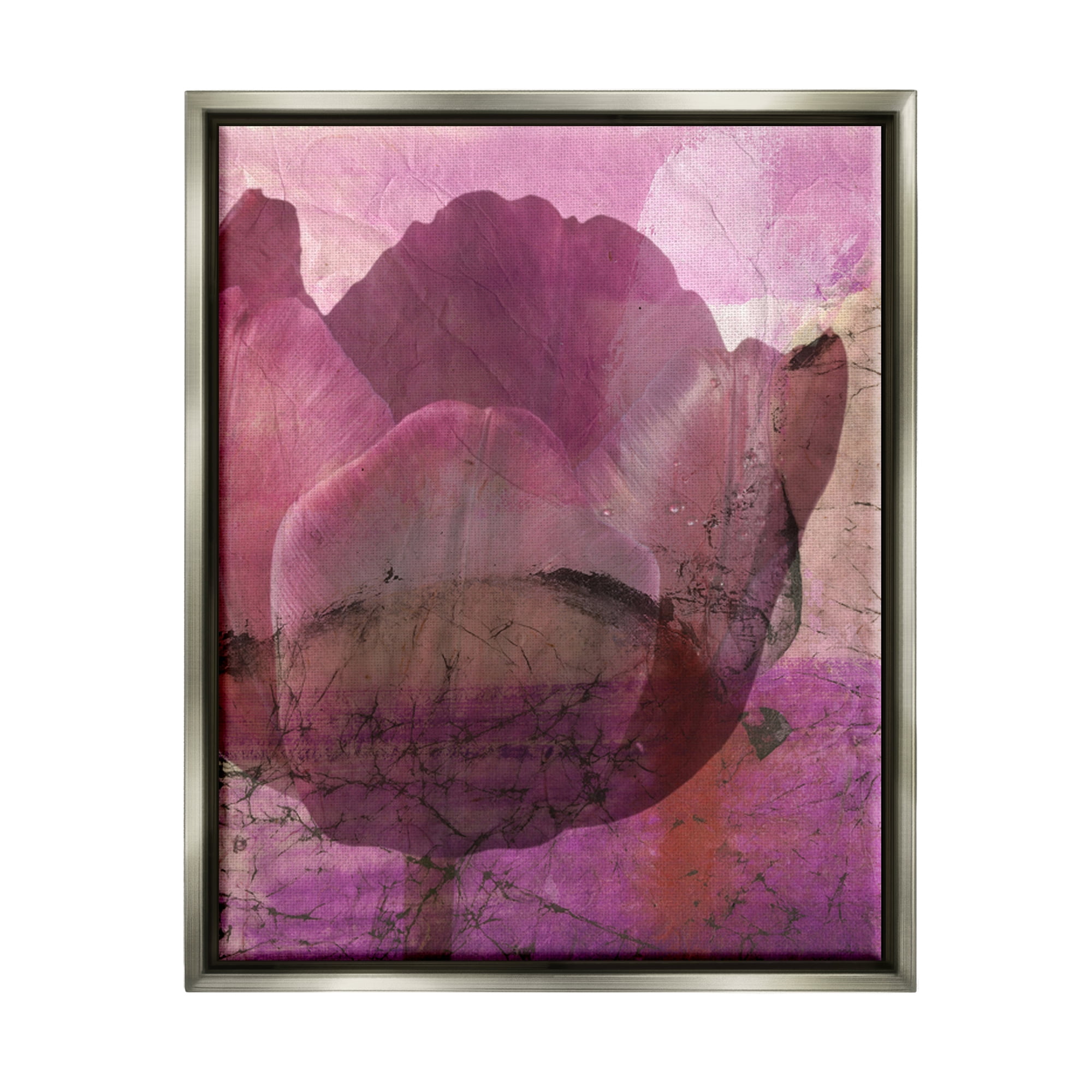 Stupell Abstract Pink Distressed Tulip Collage Botanical & Floral Painting Gray Floater Framed Art Print Wall Art
