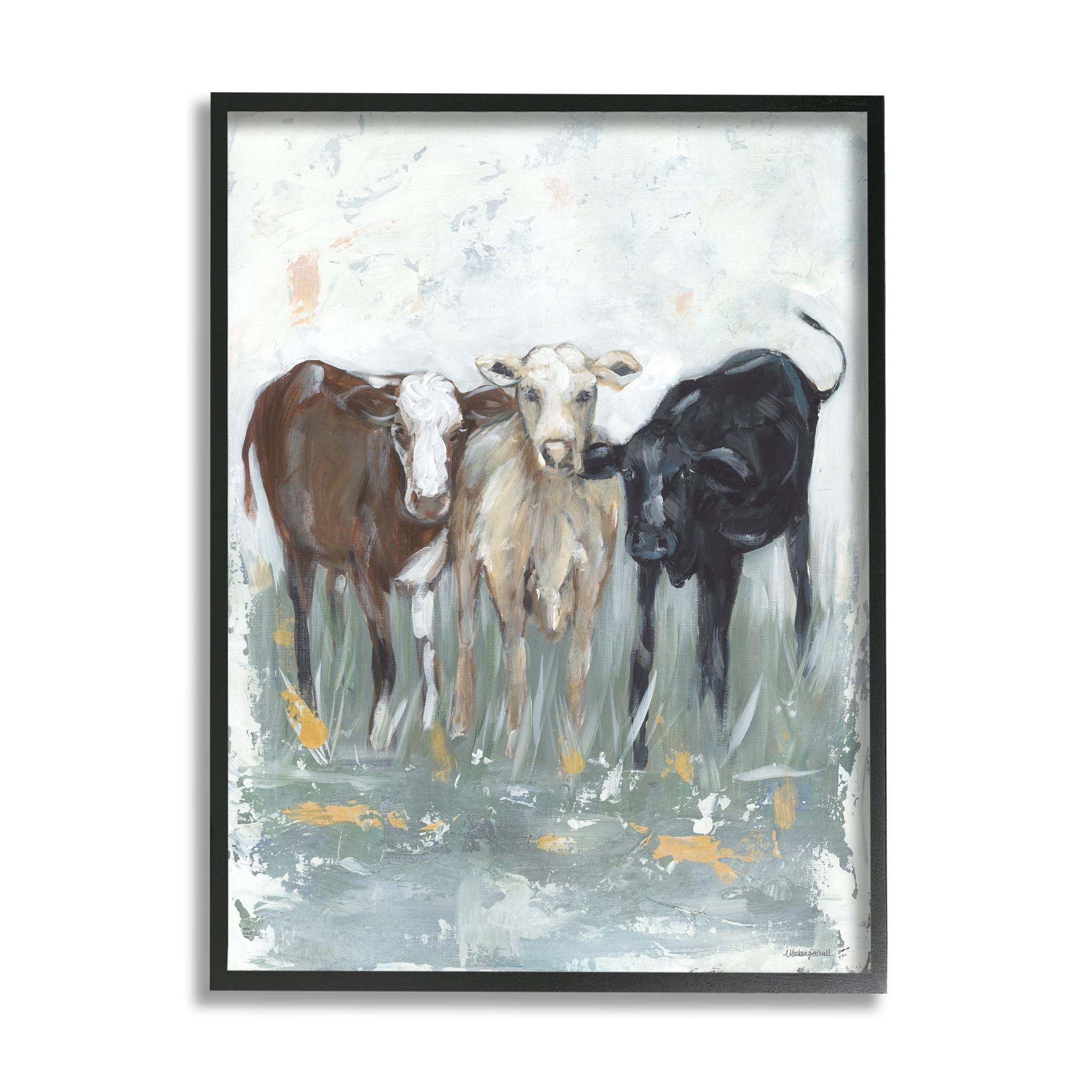 Stupell Abstract Rustic Country Cows Painting Animals & Insects Painting Black Framed Art Print Wall Art
