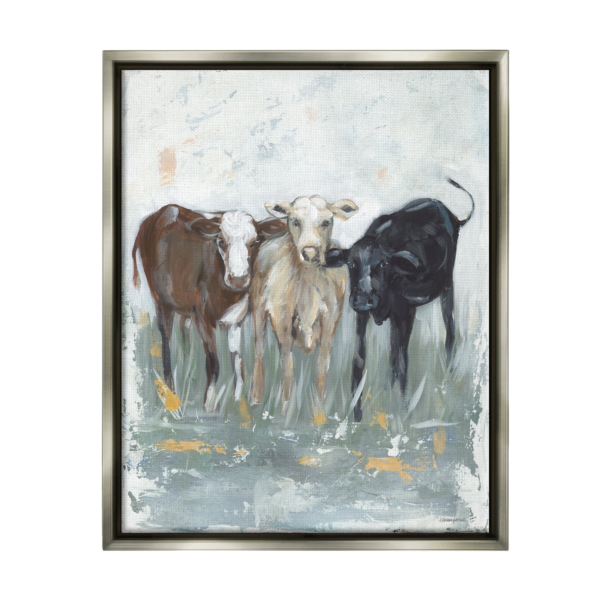 Stupell Abstract Rustic Country Cows Painting Animals & Insects Painting Gray Floater Framed Art Print Wall Art