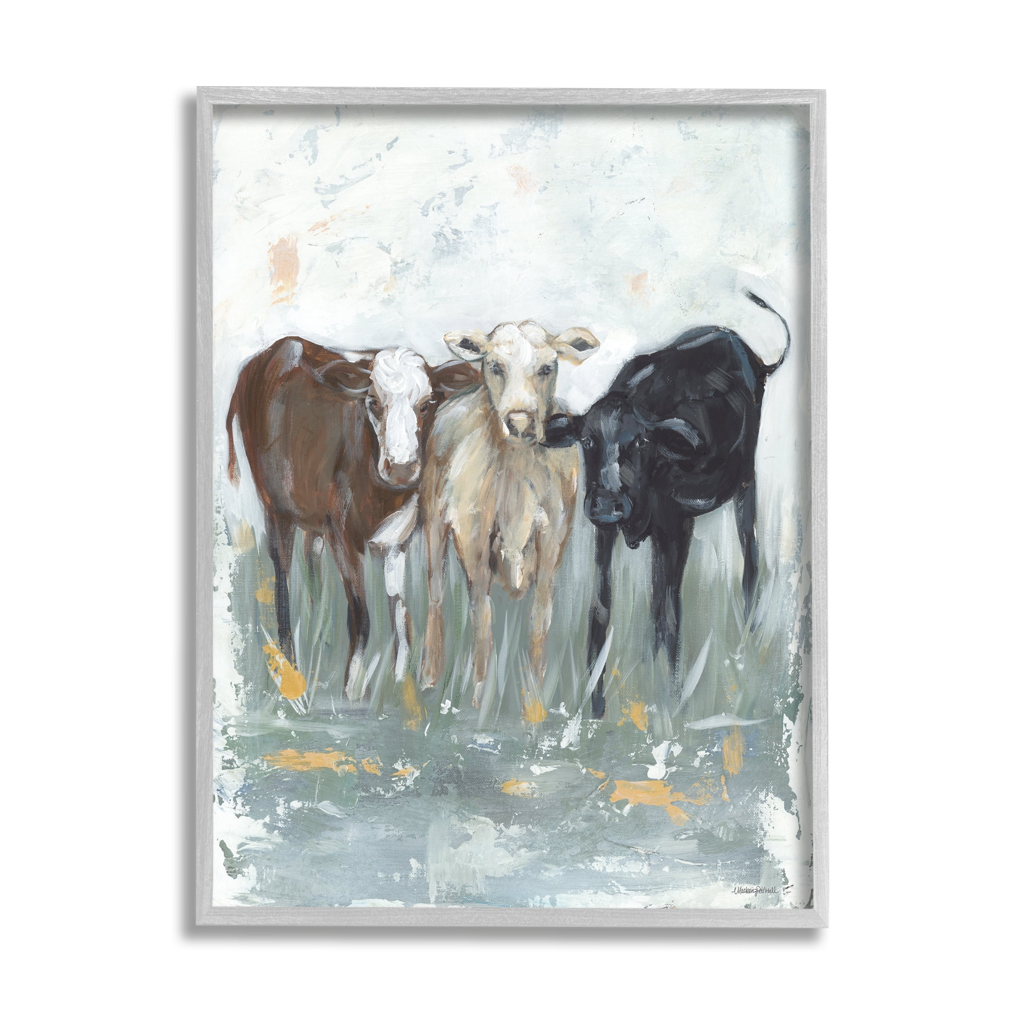 Stupell Abstract Rustic Country Cows Painting Animals & Insects Painting Gray Framed Art Print Wall Art