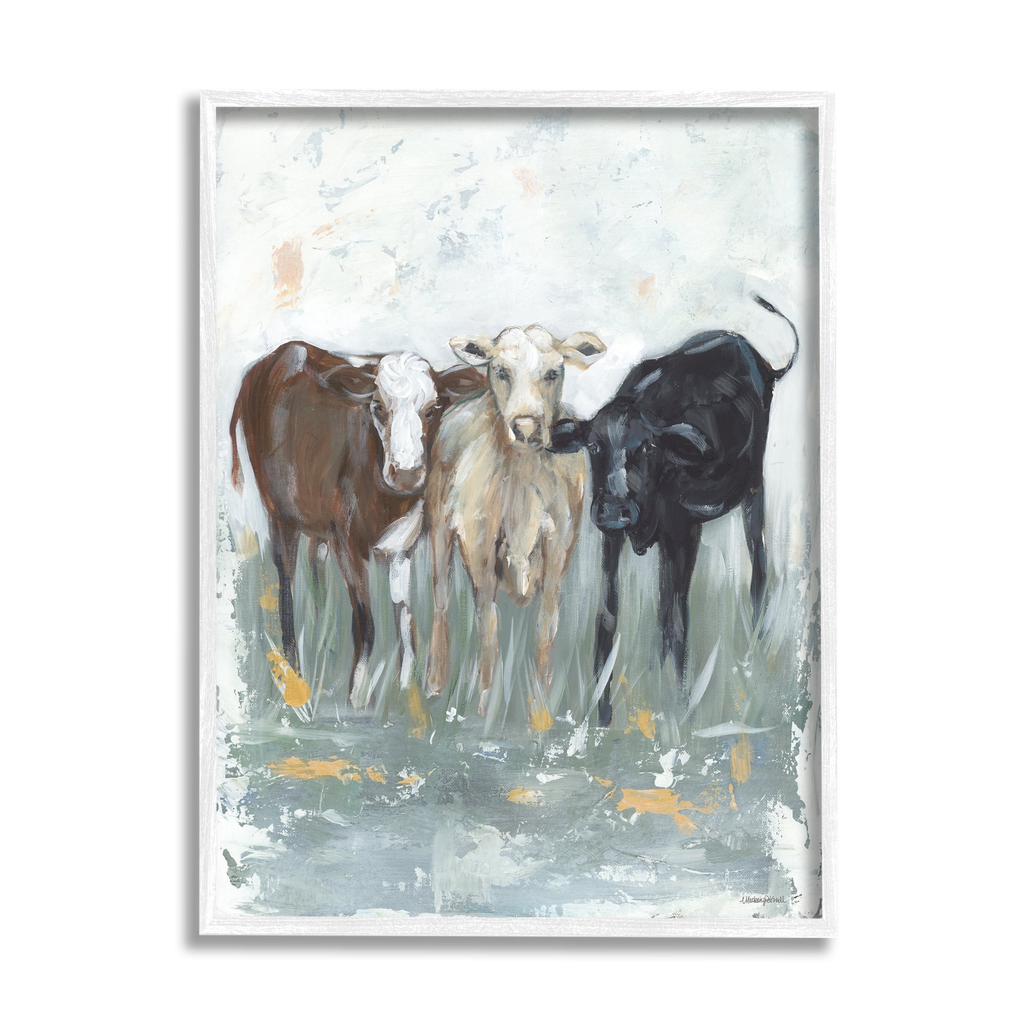 Stupell Abstract Rustic Country Cows Painting Animals & Insects Painting White Framed Art Print Wall Art