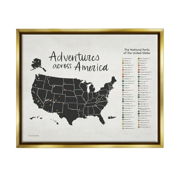 Stupell Adventures Across America Chart Travel & Places Painting Gold Floater Framed Art Print Wall Art
