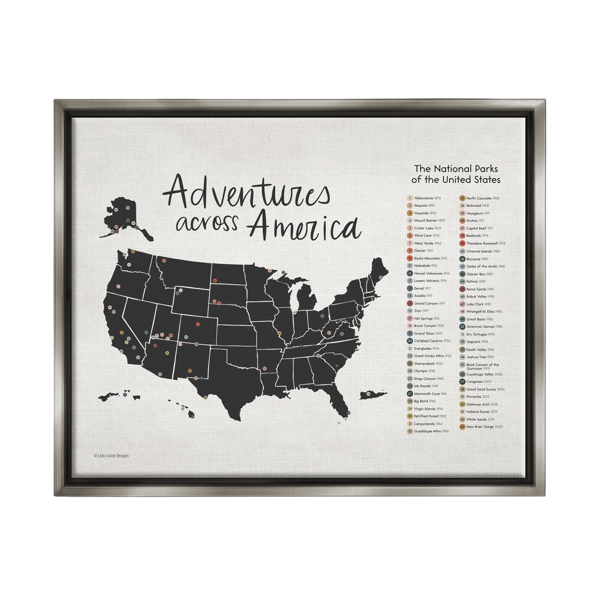 Stupell Adventures Across America Chart Travel & Places Painting Gray Floater Framed Art Print Wall Art