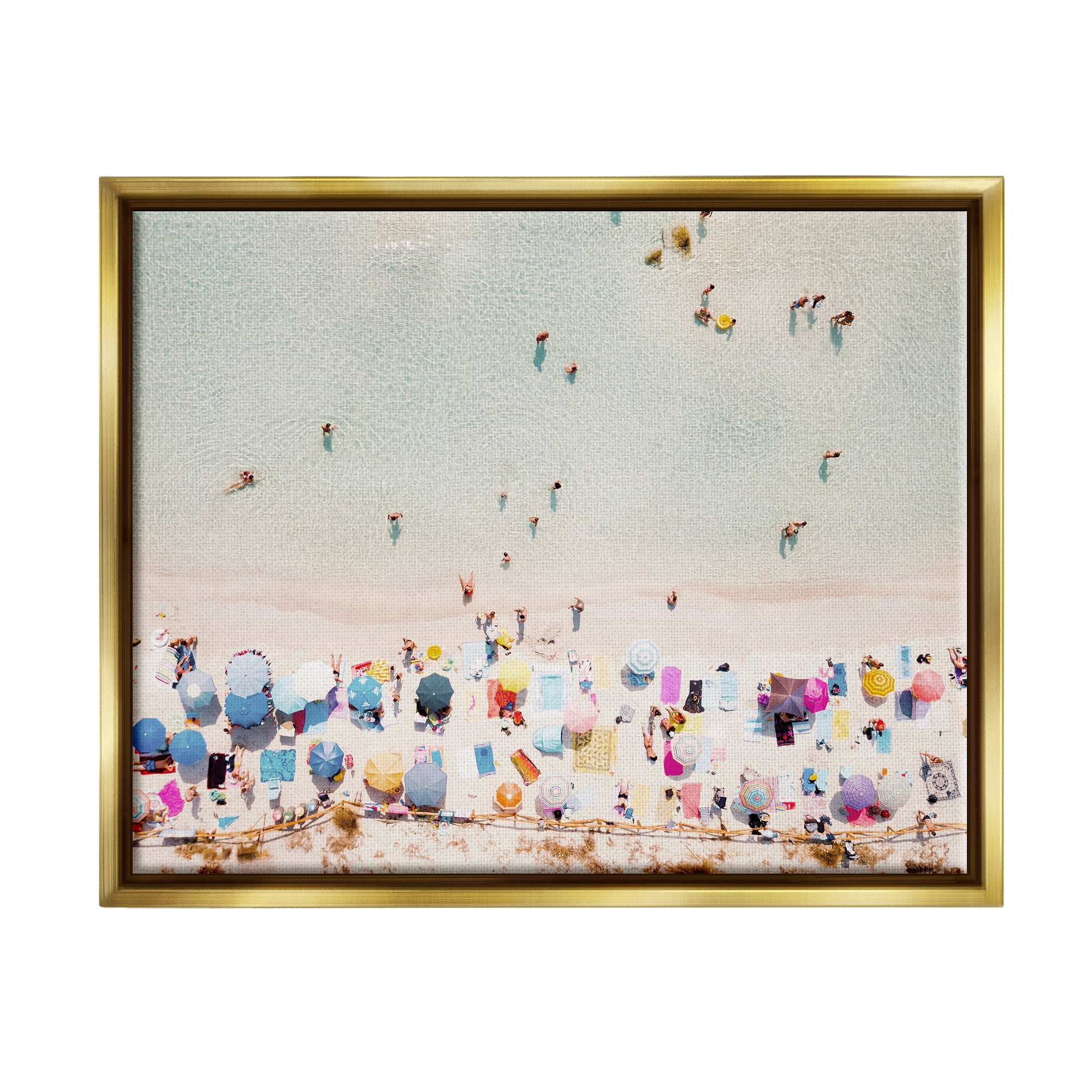 Stupell Aerial Beach View People Swimming Landscape Photography Gold Floater Framed Art Print Wall Art