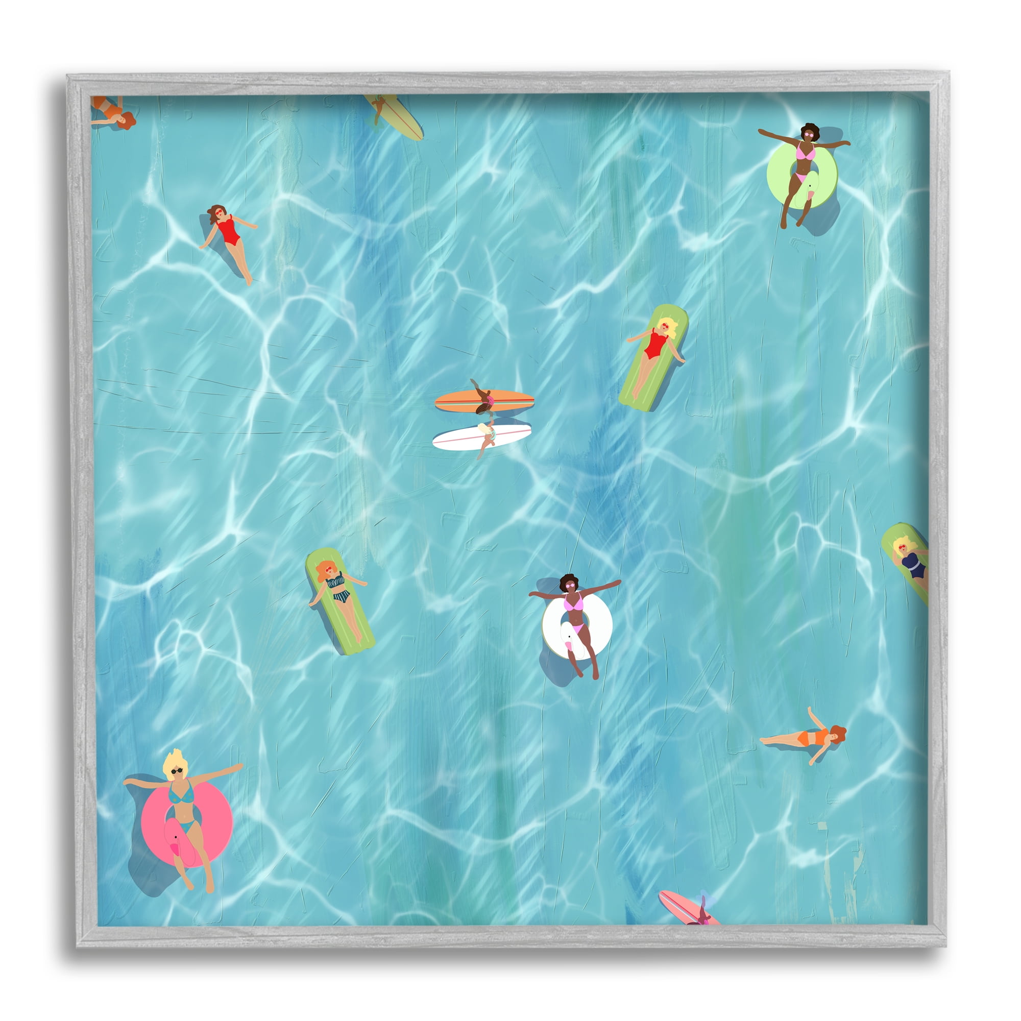 Aerial Summer Swimmers Landscape Print on Canvas with Gray Frame