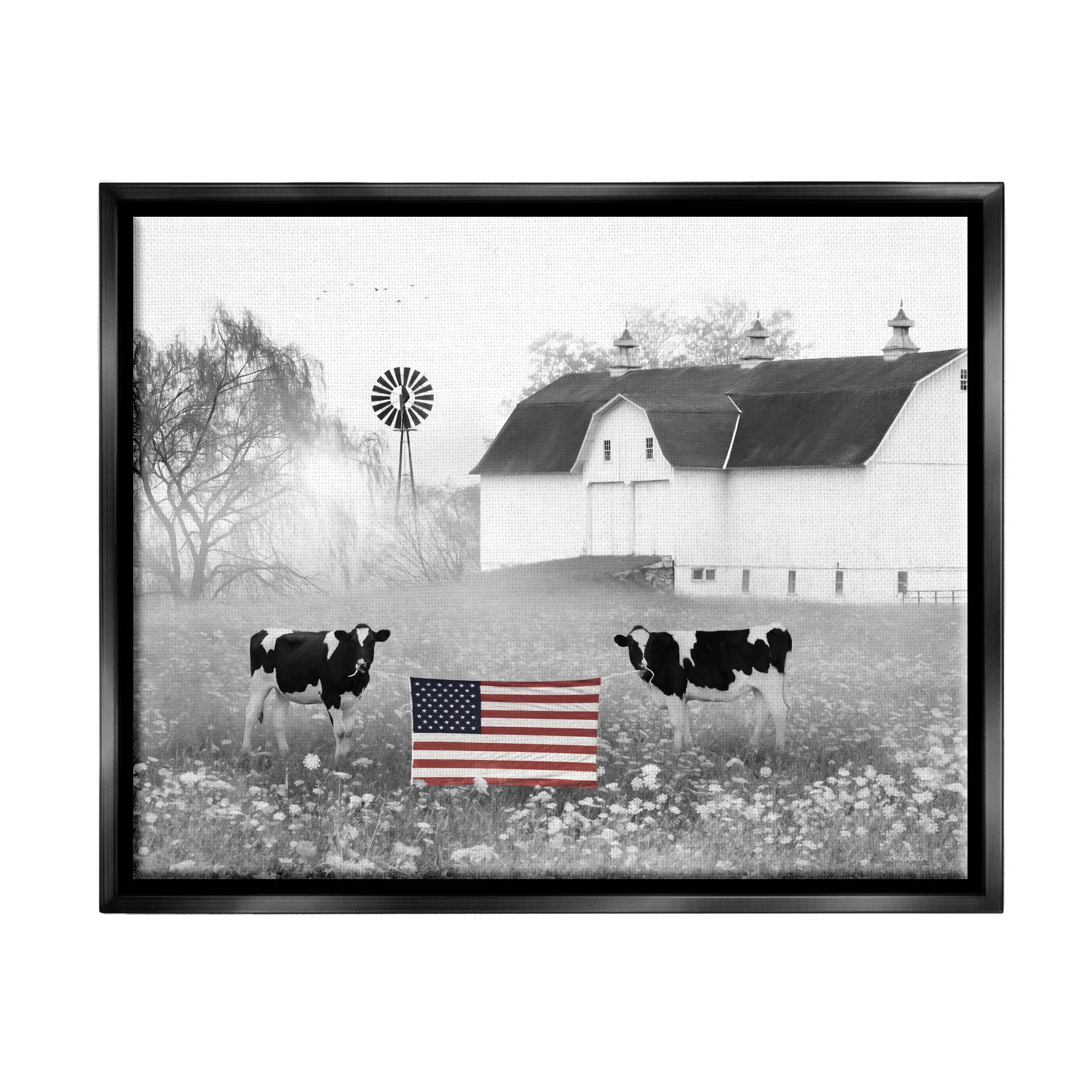 Stupell Americana Barn Country Cows Flag Animals & Insects Painting Black Floater Framed Art Print Wall Art