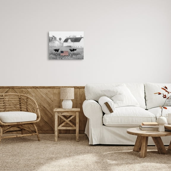 Stupell Americana Barn Country Cows Flag Animals & Insects Painting Gallery Wrapped Canvas Print Wall Art