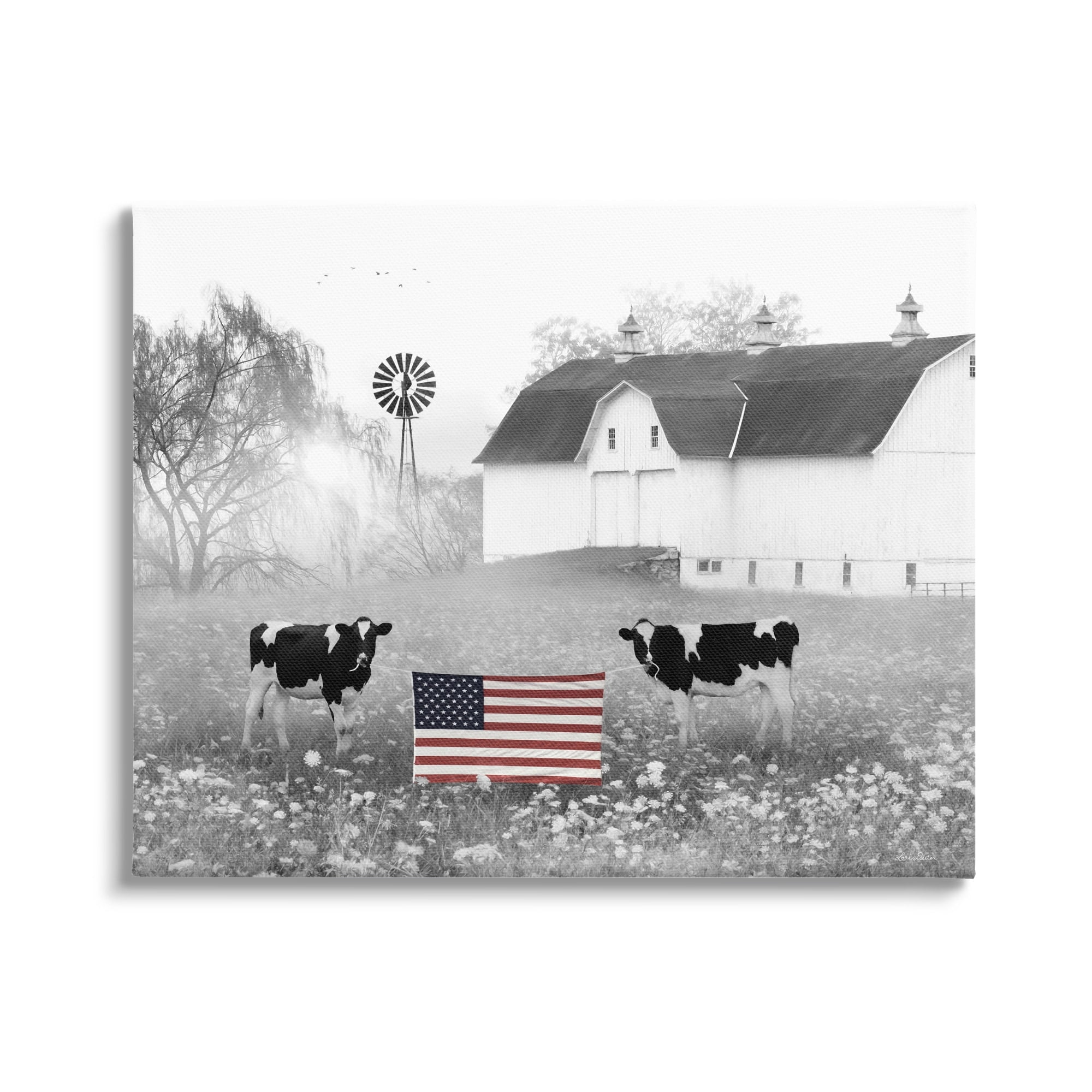 Stupell Americana Barn Country Cows Flag Animals & Insects Painting Gallery Wrapped Canvas Print Wall Art