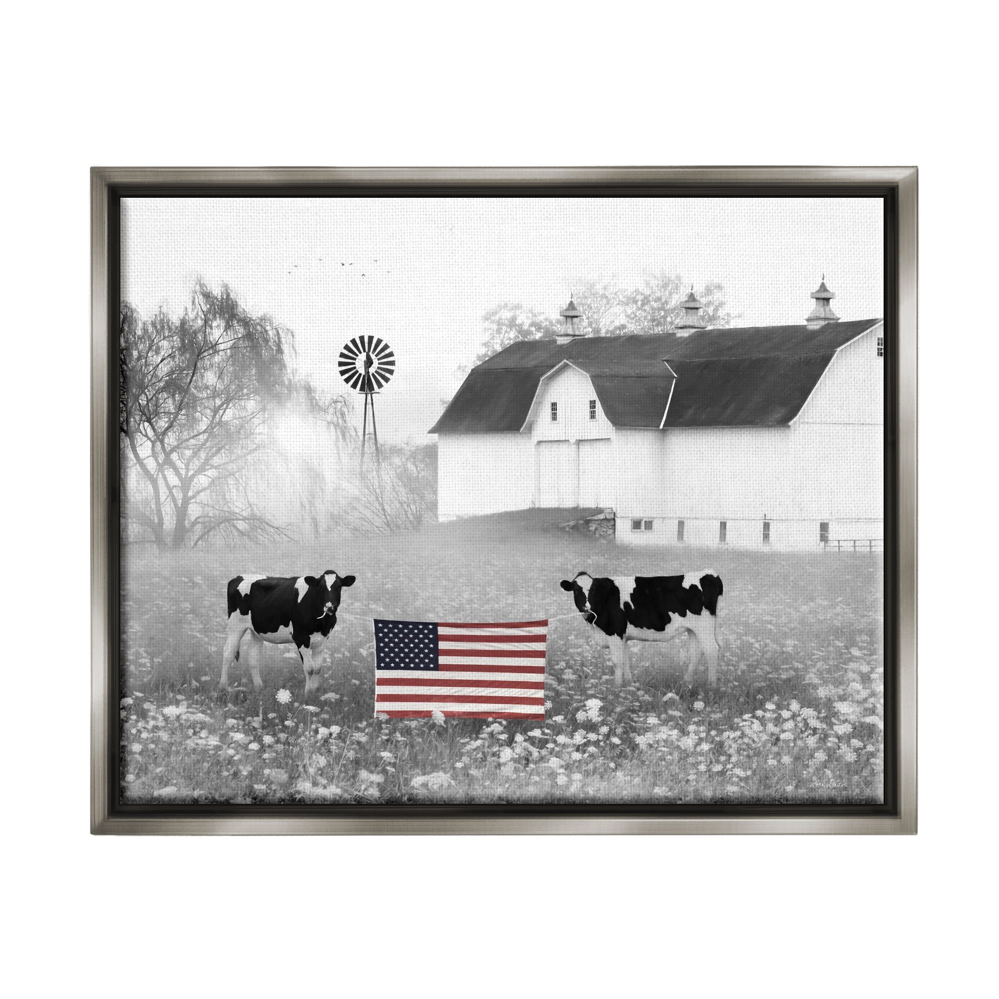 Stupell Americana Barn Country Cows Flag Animals & Insects Painting Gray Floater Framed Art Print Wall Art