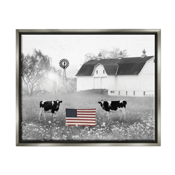 Stupell Americana Barn Country Cows Flag Animals & Insects Painting Gray Floater Framed Art Print Wall Art