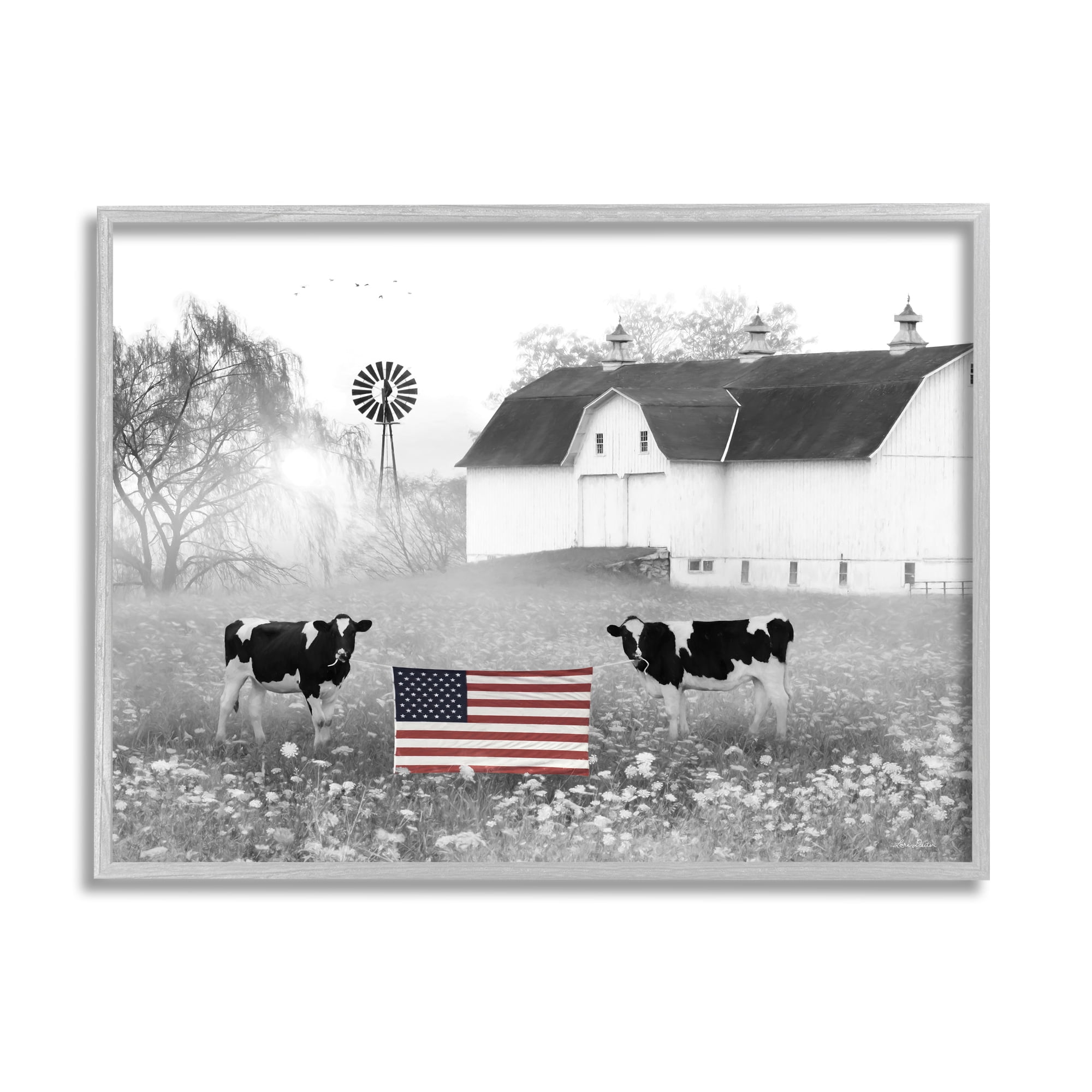 Stupell Americana Barn Country Cows Flag Animals & Insects Painting Gray Framed Art Print Wall Art