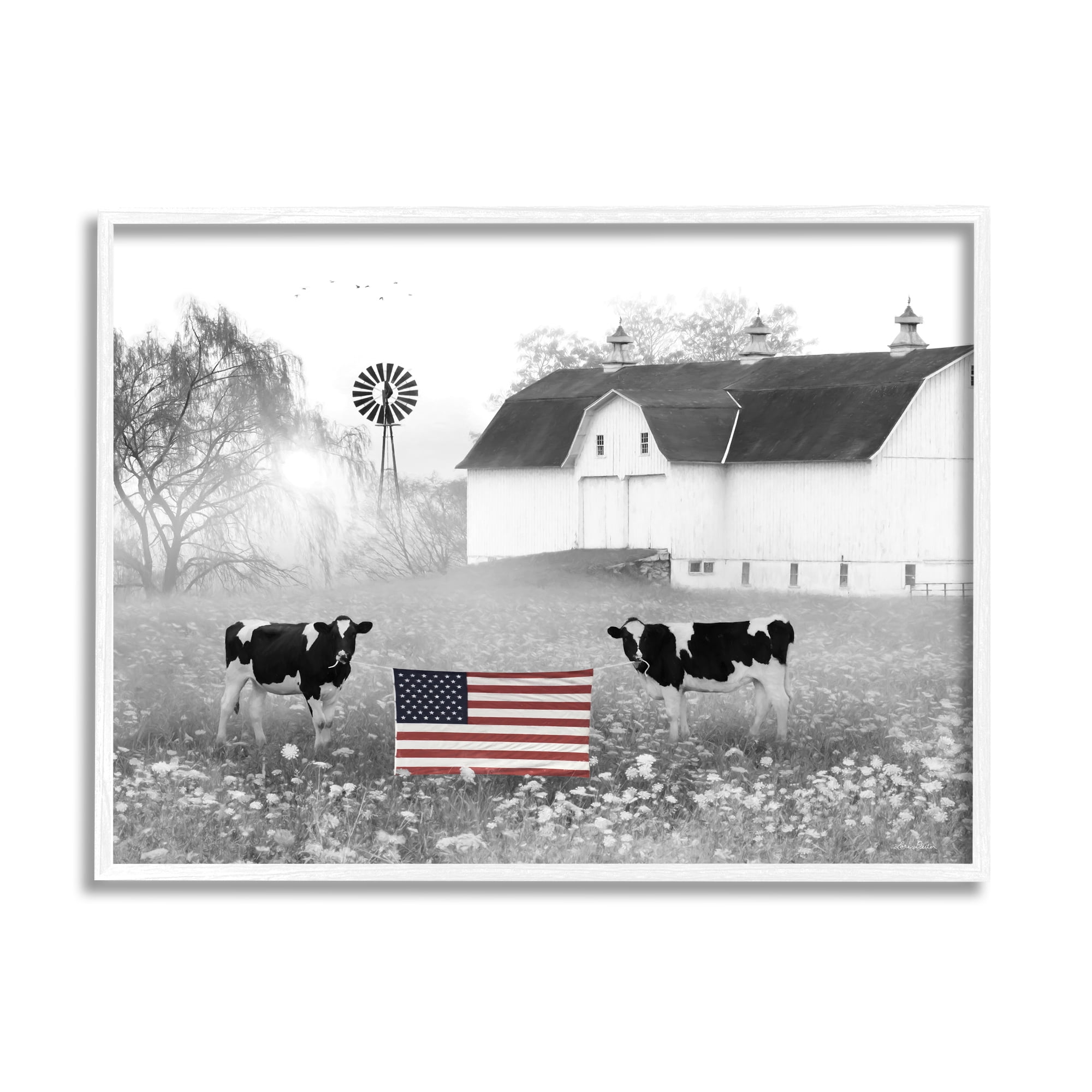 Stupell Americana Barn Country Cows Flag Animals & Insects Painting White Framed Art Print Wall Art