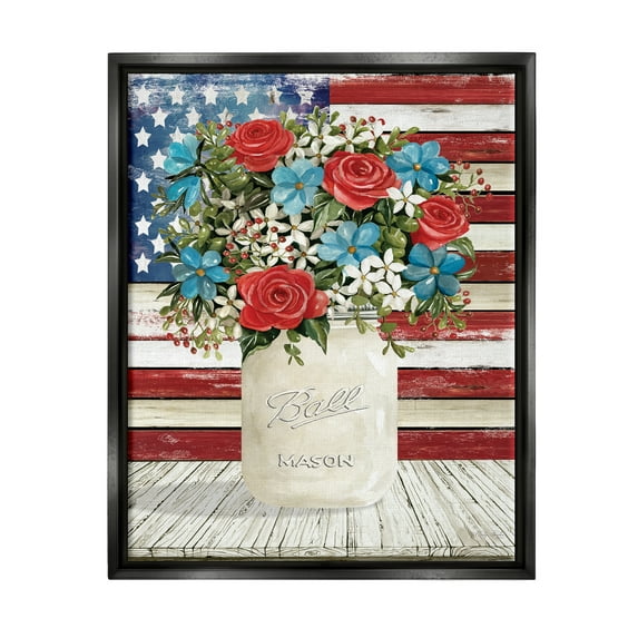 Stupell Americana Flag Festive Bouquet Botanical & Floral Painting Black Floater Framed Art Print Wall Art