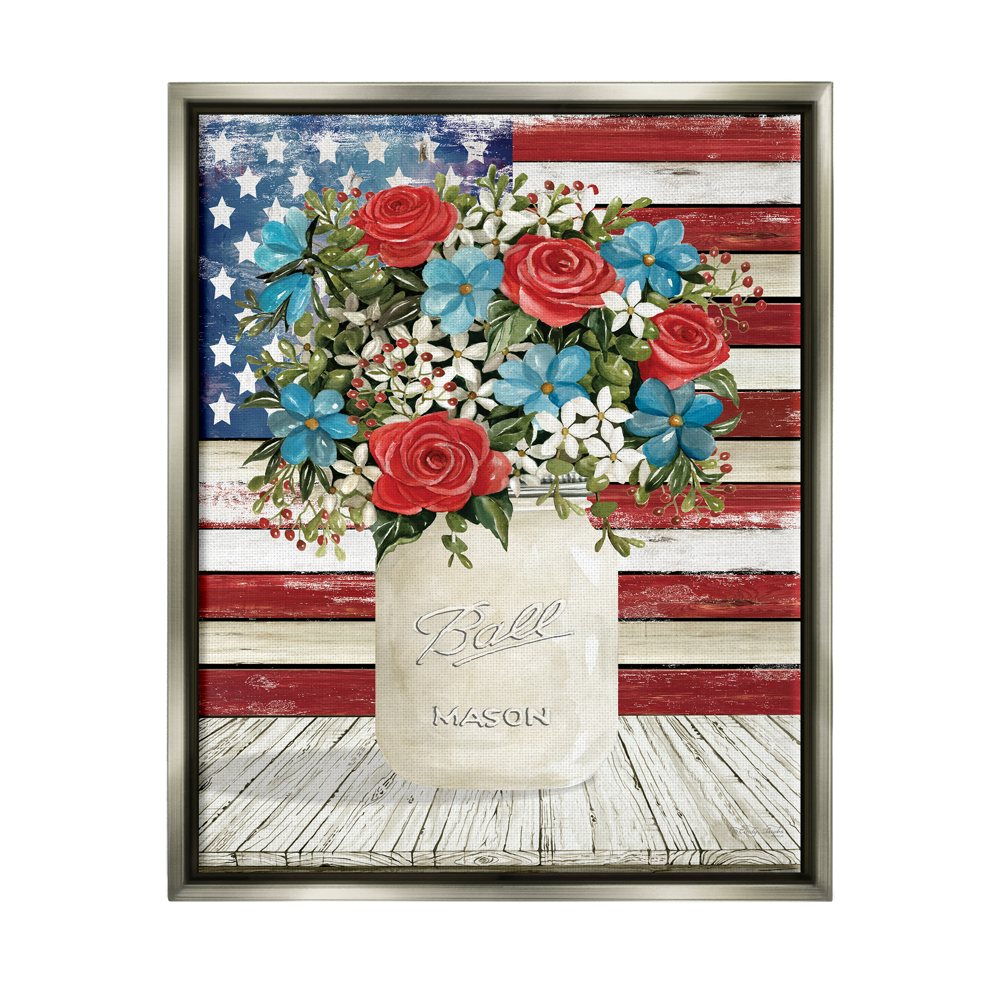 Stupell Americana Flag Festive Bouquet Botanical & Floral Painting Gray Floater Framed Art Print Wall Art
