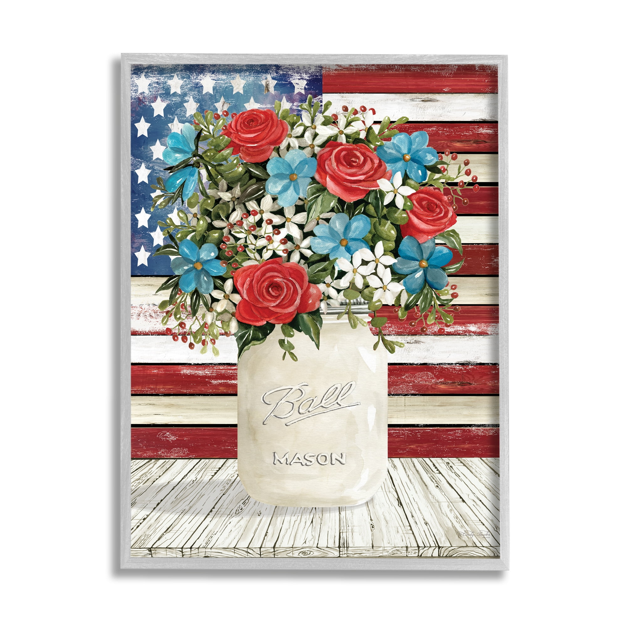 Stupell Americana Flag Festive Bouquet Botanical & Floral Painting Gray Framed Art Print Wall Art
