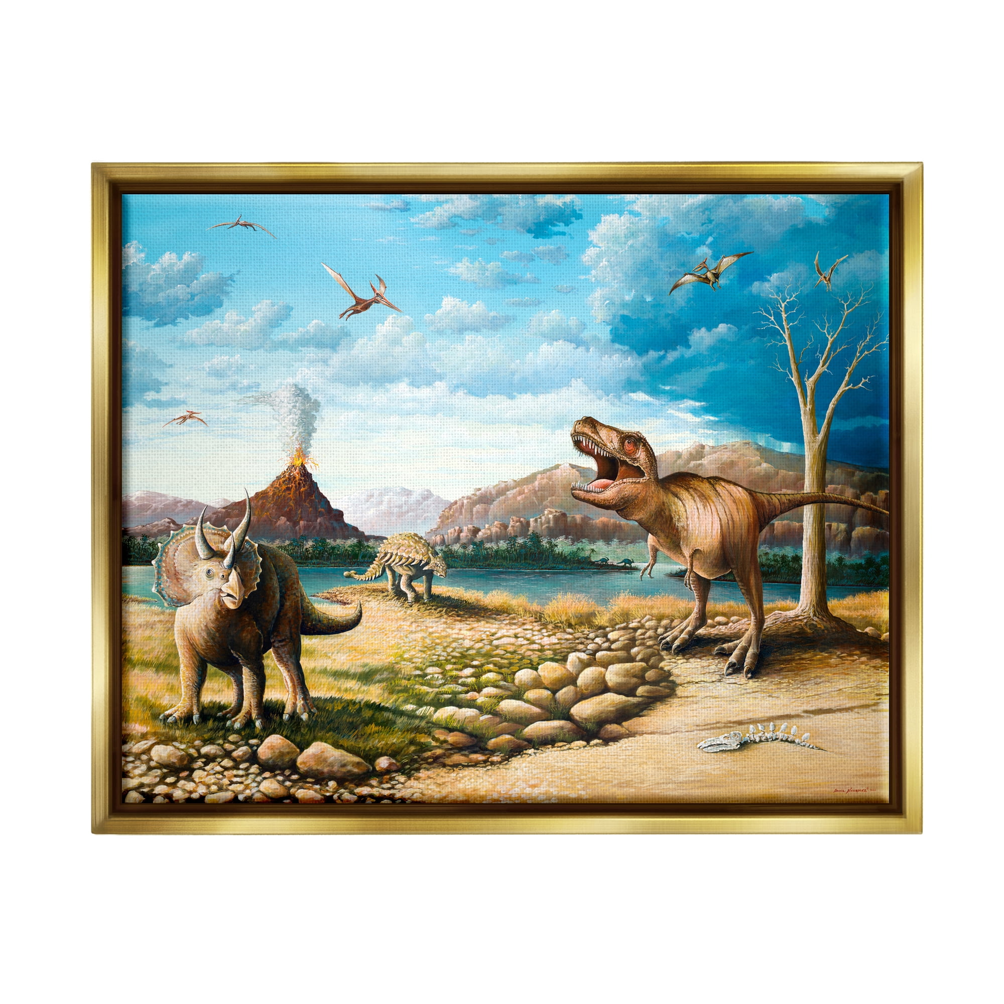 Stupell Ancient Dinosaurs Landscape Animals & Insects Painting Gold Floater Framed Art Print Wall Art