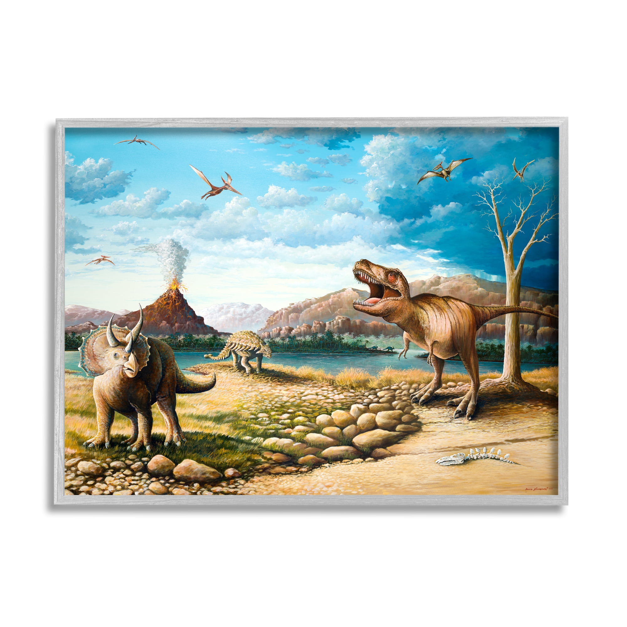 Stupell Ancient Dinosaurs Landscape Animals & Insects Painting Gray Framed Art Print Wall Art