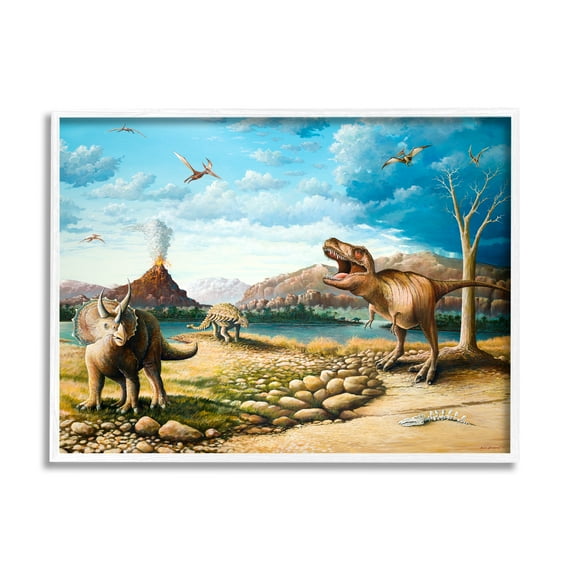Stupell Ancient Dinosaurs Landscape Animals & Insects Painting White Framed Art Print Wall Art