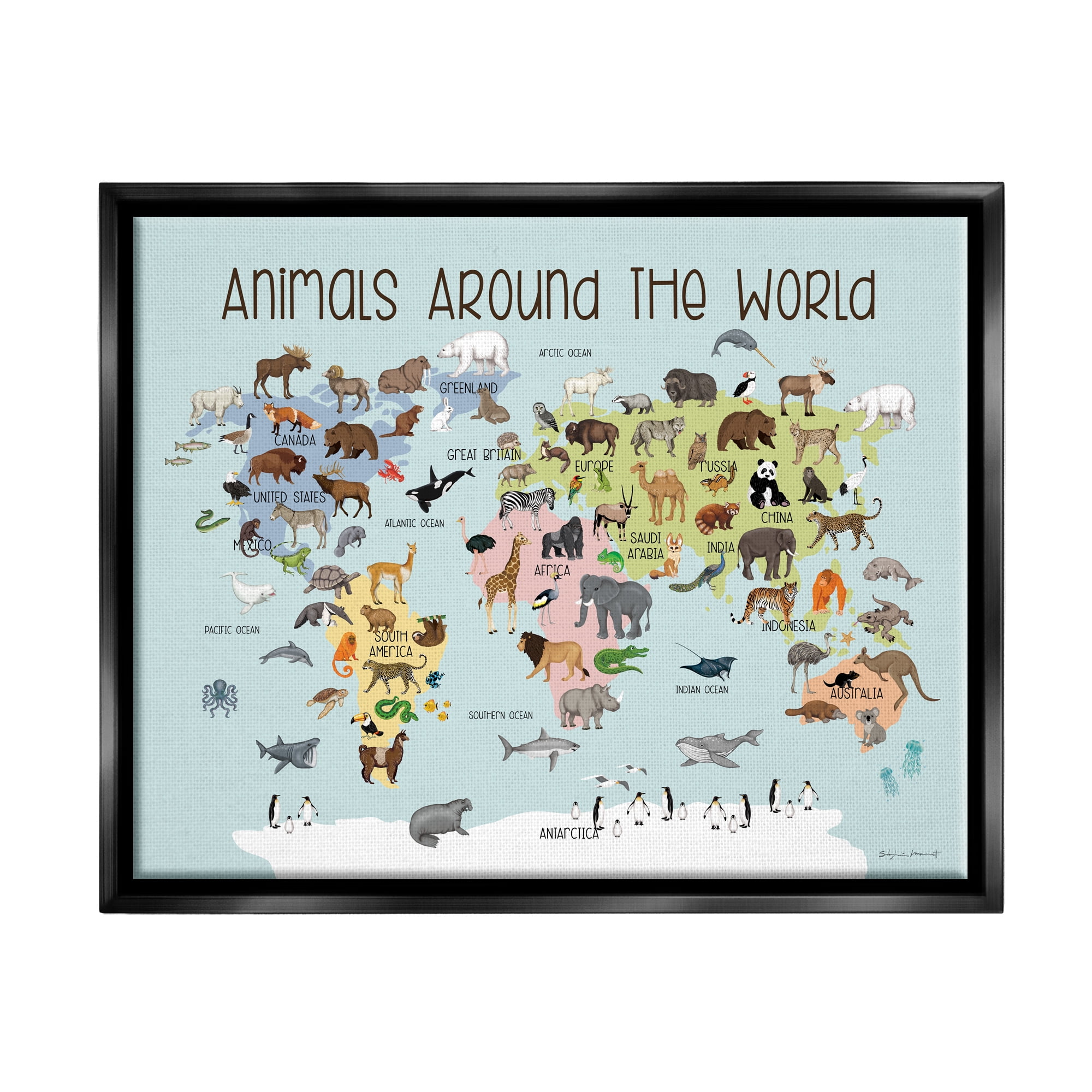 Stupell Animals Around The World Map Animals & Insects Painting Black Floater Framed Art Print Wall Art
