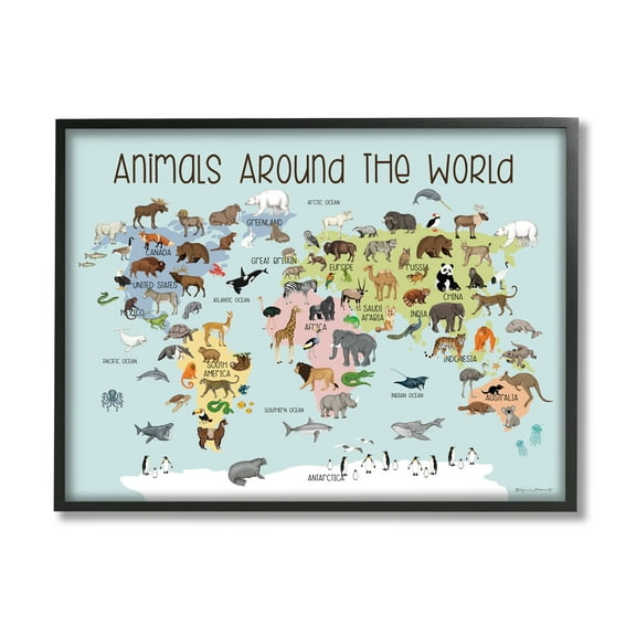 Stupell Animals Around The World Map Animals & Insects Painting Black Framed Art Print Wall Art