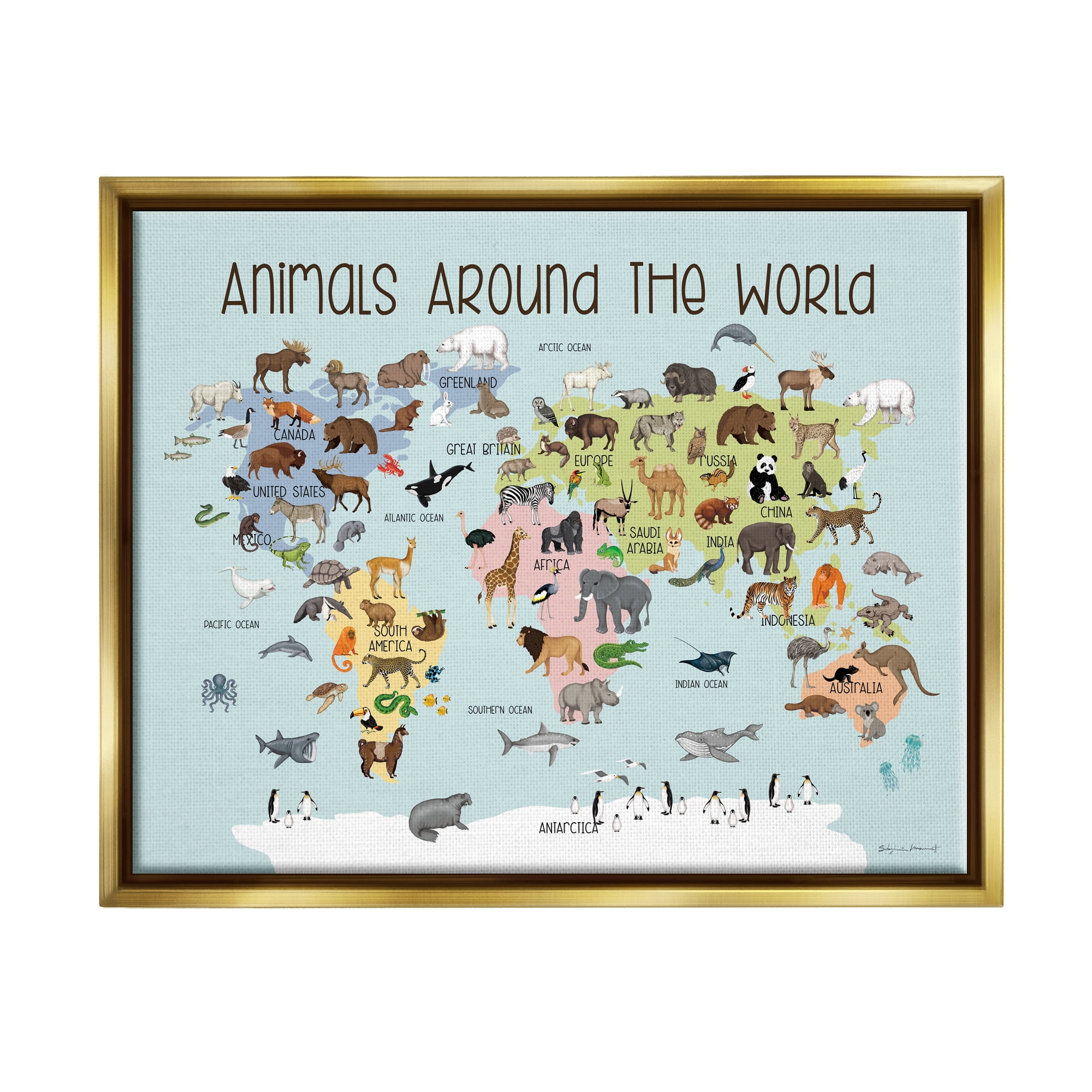 Stupell Animals Around The World Map Animals & Insects Painting Gold Floater Framed Art Print Wall Art