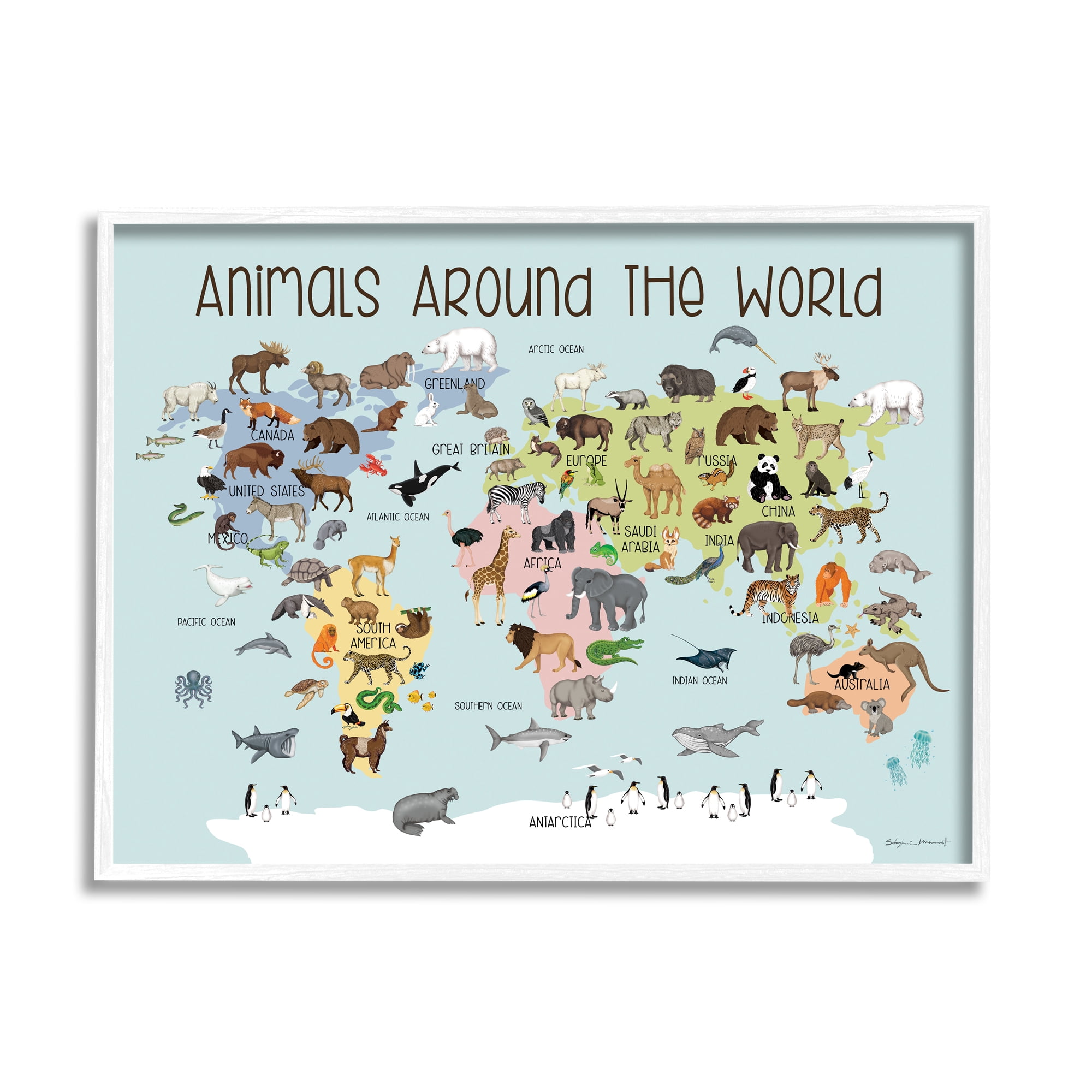 Stupell Animals Around The World Map Animals & Insects Painting White Framed Art Print Wall Art