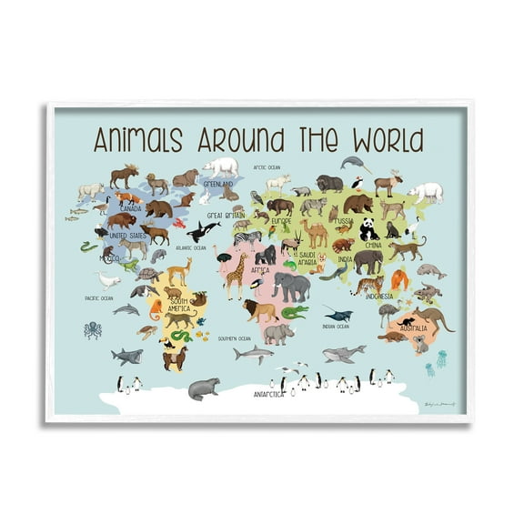 Stupell Animals Around The World Map Animals & Insects Painting White Framed Art Print Wall Art