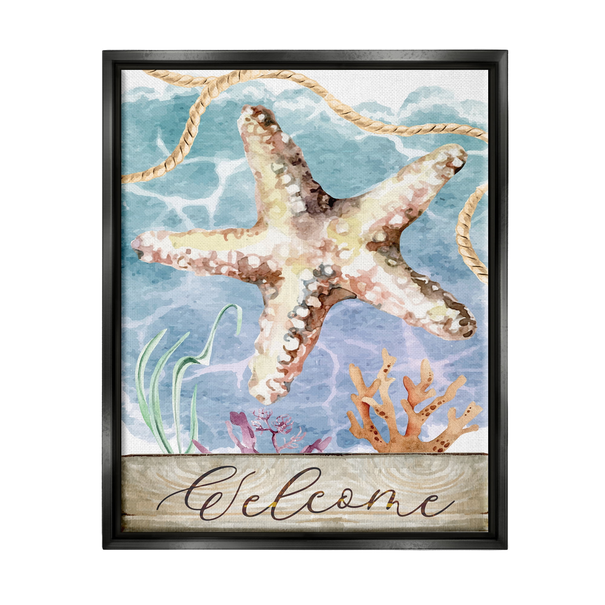Stupell Aquatic Beach Welcome Starfish Landscape Painting Black Floater Framed Art Print Wall Art