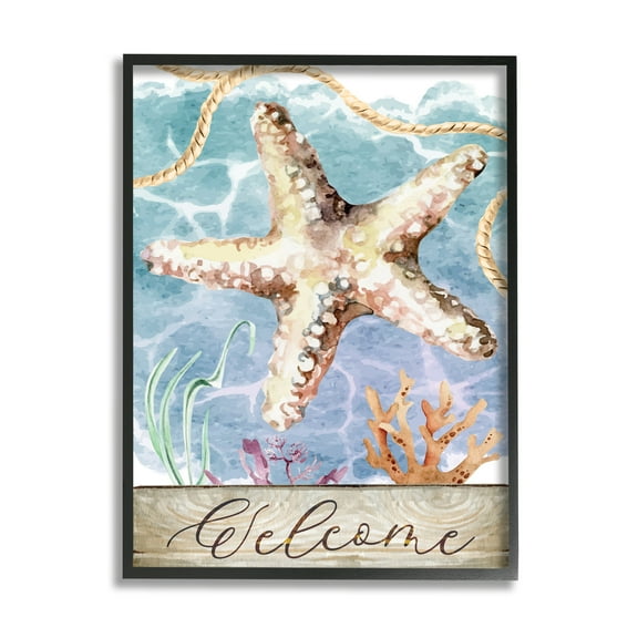 Stupell Aquatic Beach Welcome Starfish Landscape Painting Black Framed Art Print Wall Art