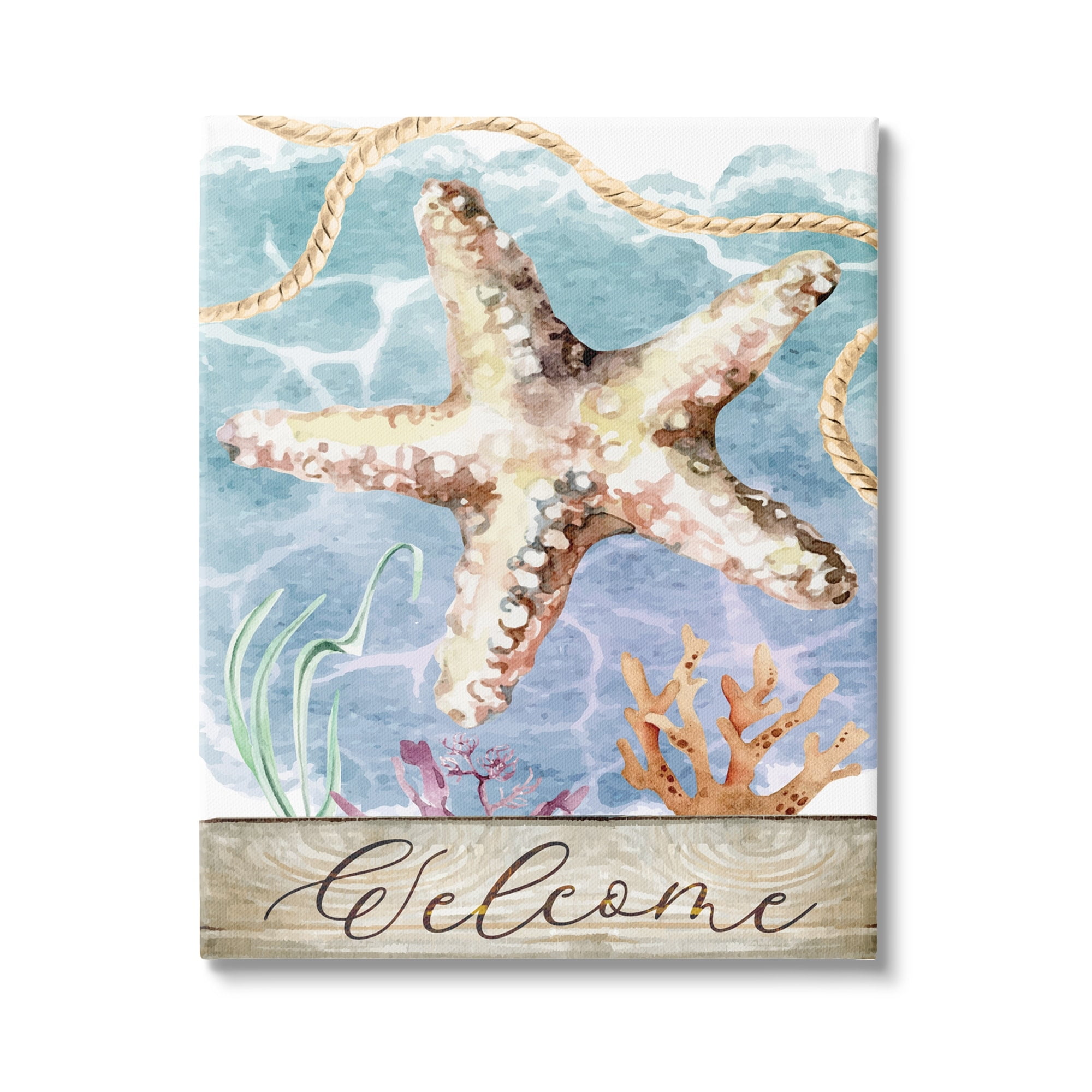 Stupell Aquatic Beach Welcome Starfish Landscape Painting Gallery Wrapped Canvas Print Wall Art
