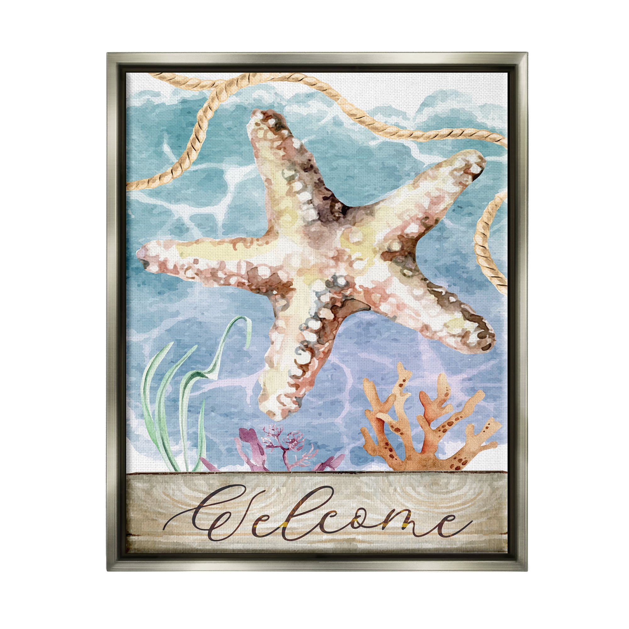 Stupell Aquatic Beach Welcome Starfish Landscape Painting Gray Floater Framed Art Print Wall Art