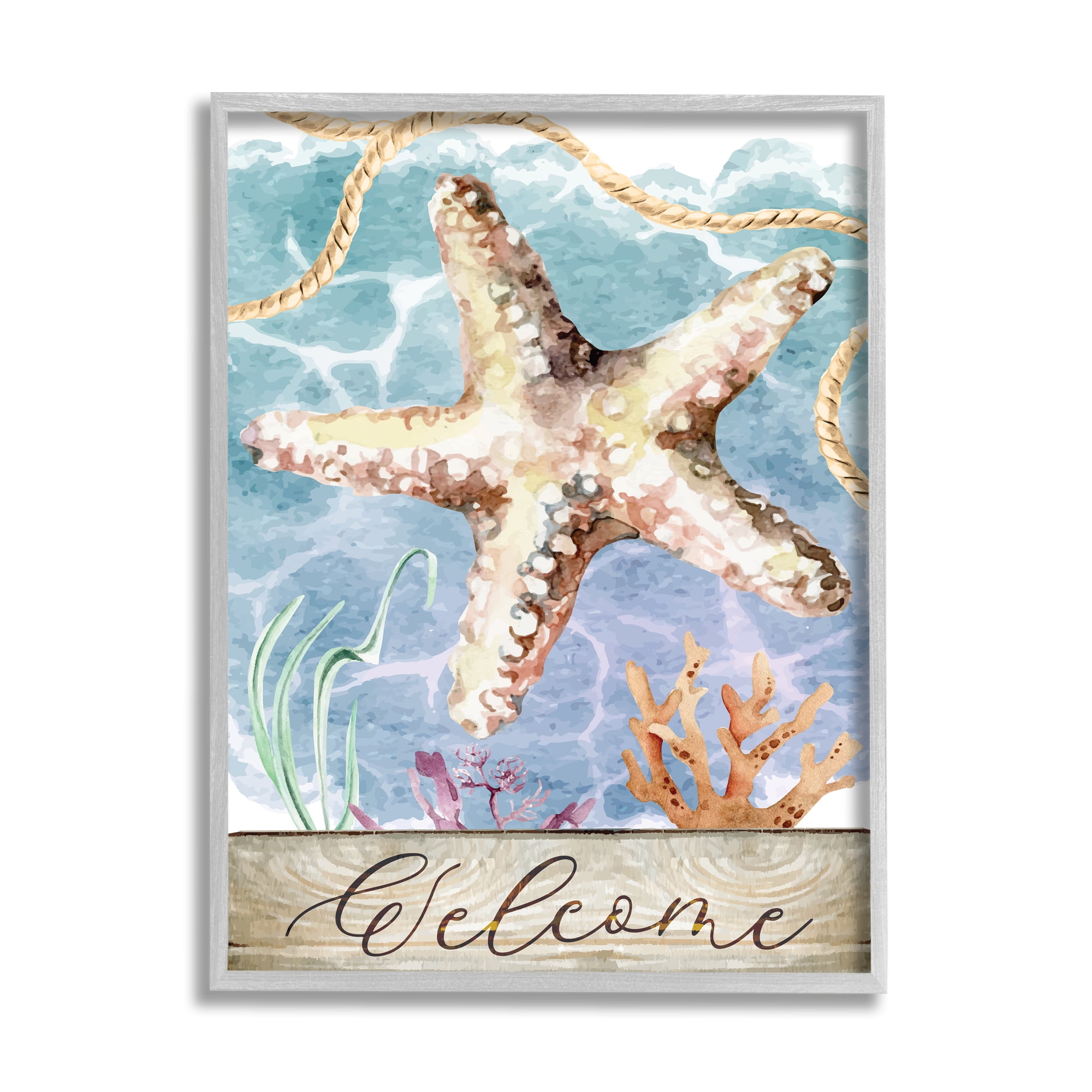 Stupell Aquatic Beach Welcome Starfish Landscape Painting Gray Framed Art Print Wall Art