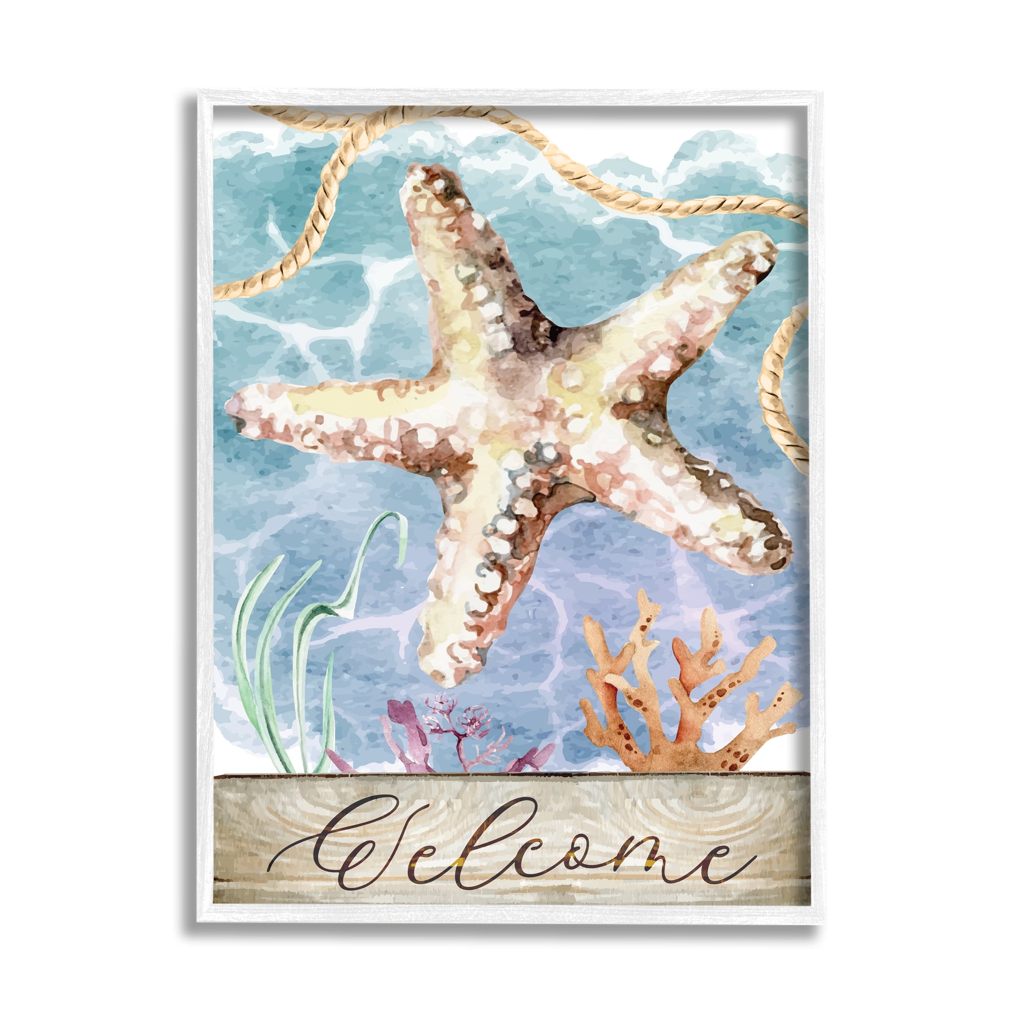 Stupell Aquatic Beach Welcome Starfish Landscape Painting White Framed Art Print Wall Art