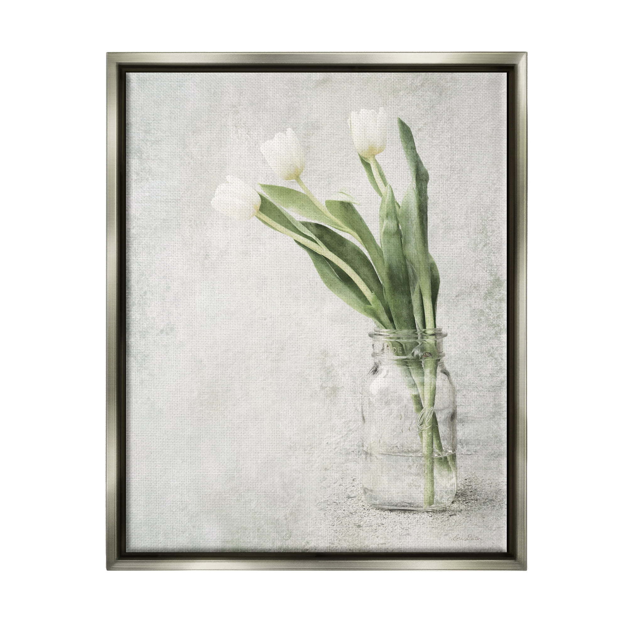 Stupell Asymmetrical Tulips Country Jar Botanical & Floral Painting Gray Floater Framed Art Print Wall Art