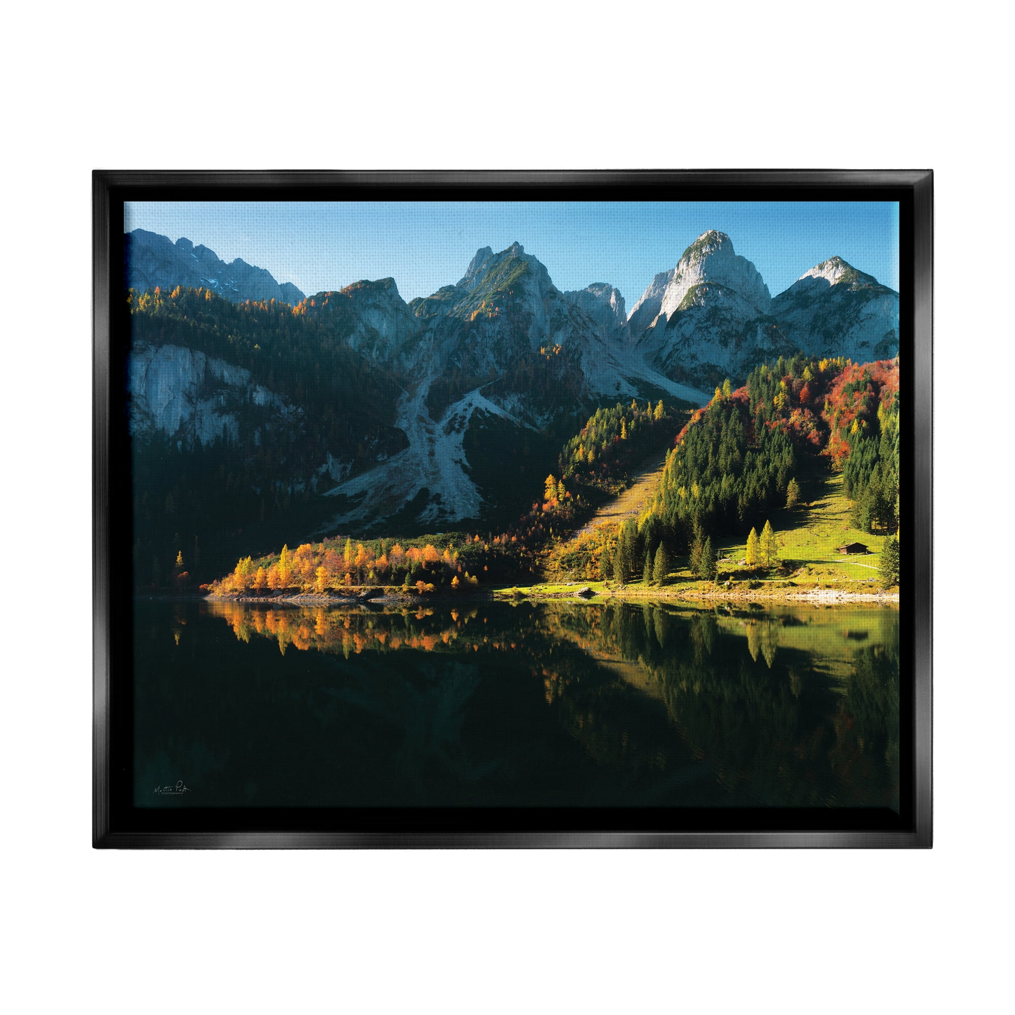 Stupell Autumn Foliage Mountain Lake Landscape Photography Black Floater Framed Art Print Wall Art