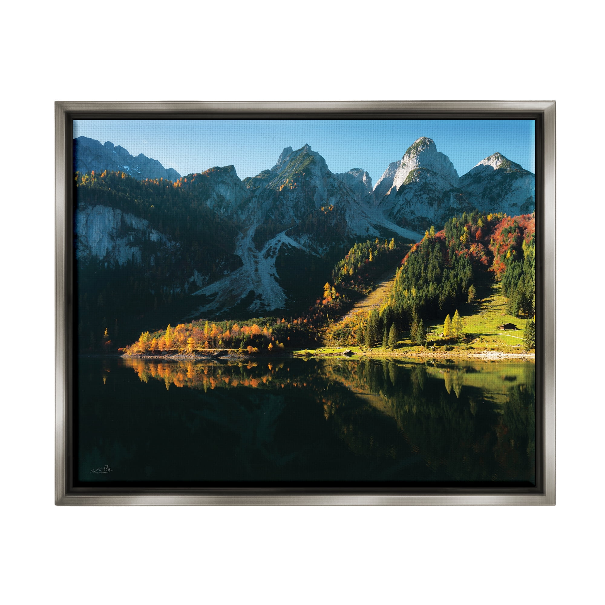 Stupell Autumn Foliage Mountain Lake Landscape Photography Gray Floater Framed Art Print Wall Art