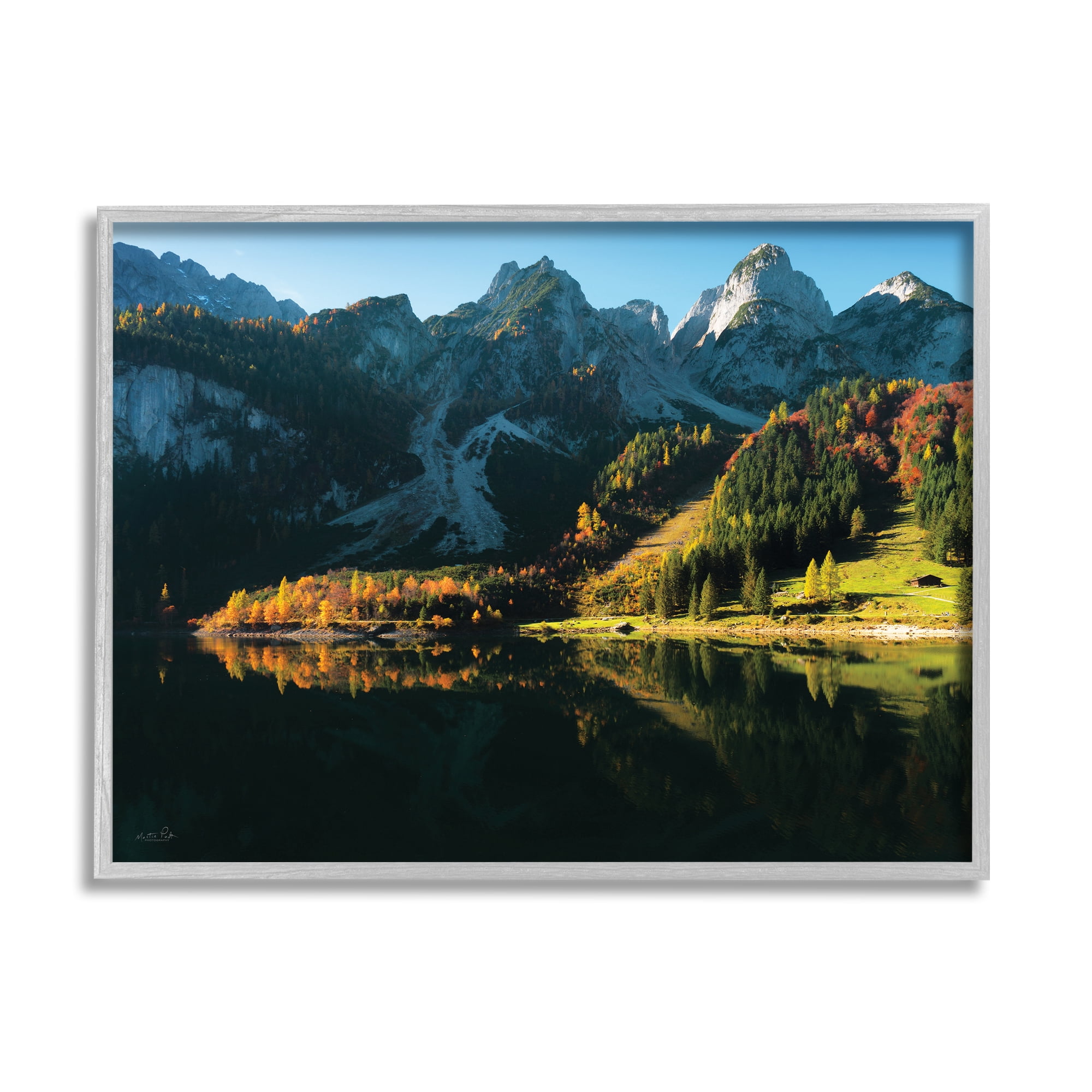 Stupell Autumn Foliage Mountain Lake Landscape Photography Gray Framed Art Print Wall Art