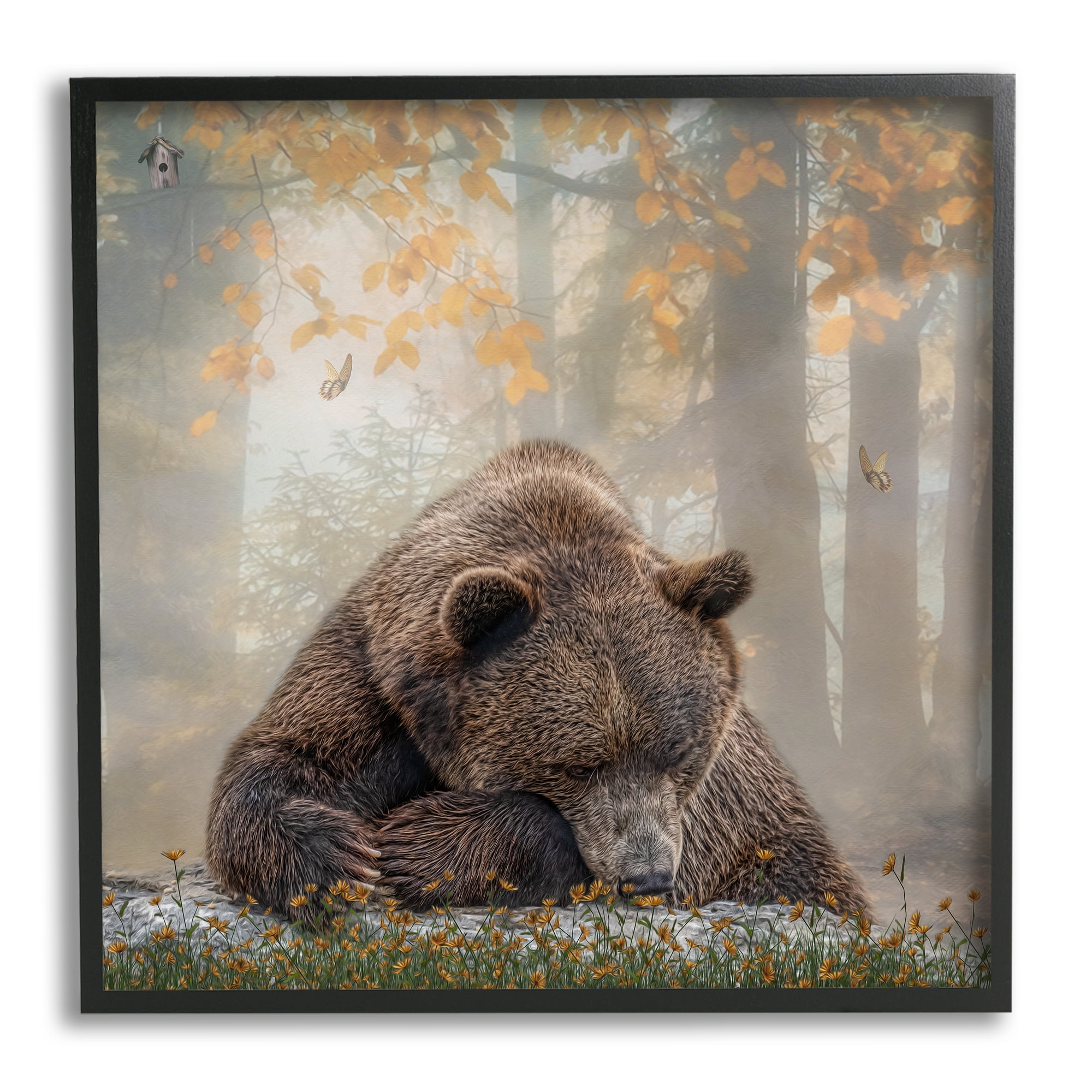 Stupell Autumn Slumber Brown Bear Foliage Animals & Insects Photography Black Framed Art Print Wall Art