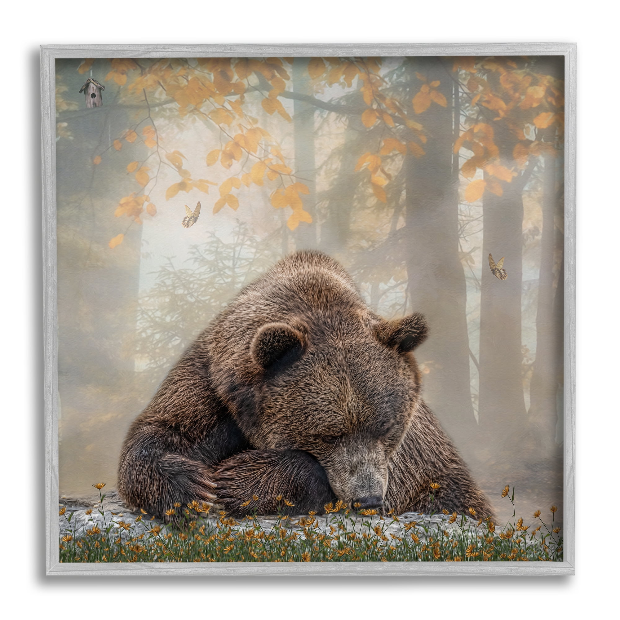 Stupell Autumn Slumber Brown Bear Foliage Animals & Insects Photography Gray Framed Art Print Wall Art