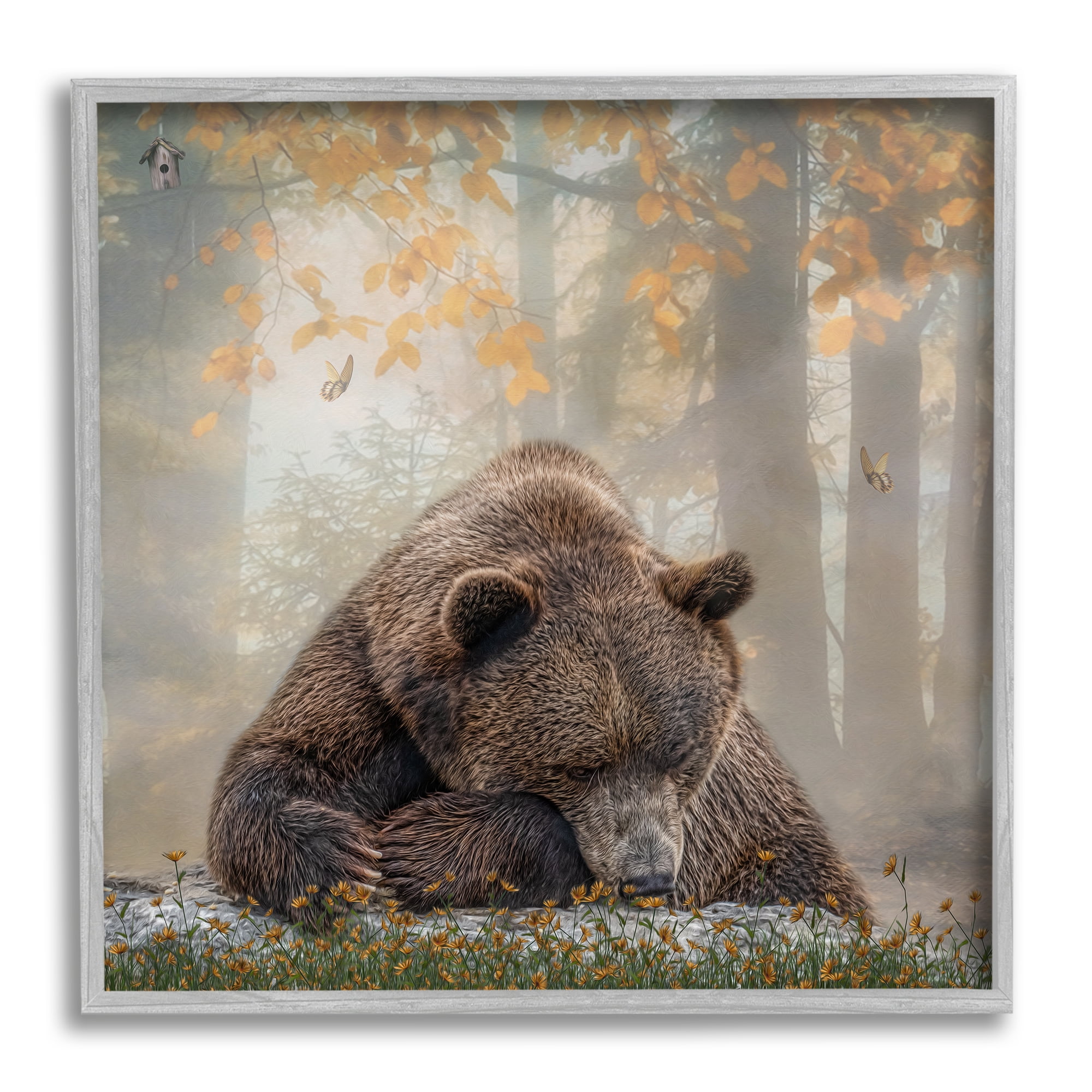 Stupell Autumn Slumber Brown Bear Foliage Animals & Insects Photography Gray Framed Art Print Wall Art