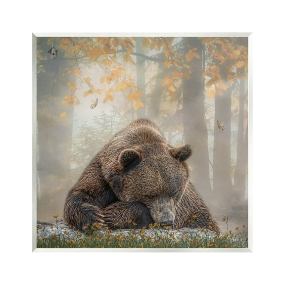 Stupell Autumn Slumber Brown Bear Foliage Animals & Insects Photography Wall Plaque Unframed Art Print Wall Art