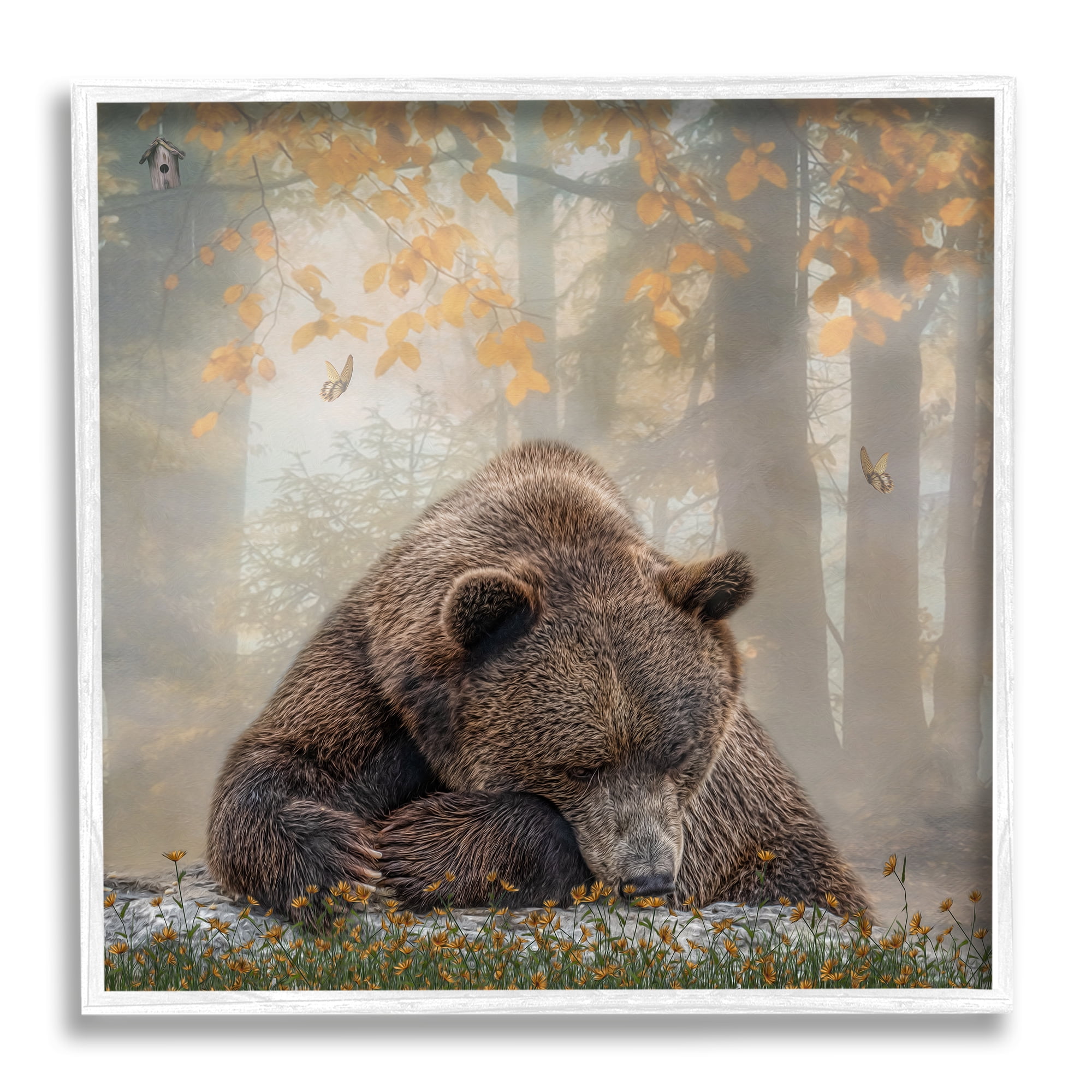 Stupell Autumn Slumber Brown Bear Foliage Animals & Insects Photography White Framed Art Print Wall Art