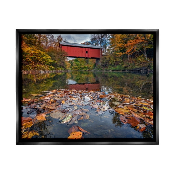 Stupell Autumnal Foliage River Bridge Landscape Photography Black Floater Framed Art Print Wall Art