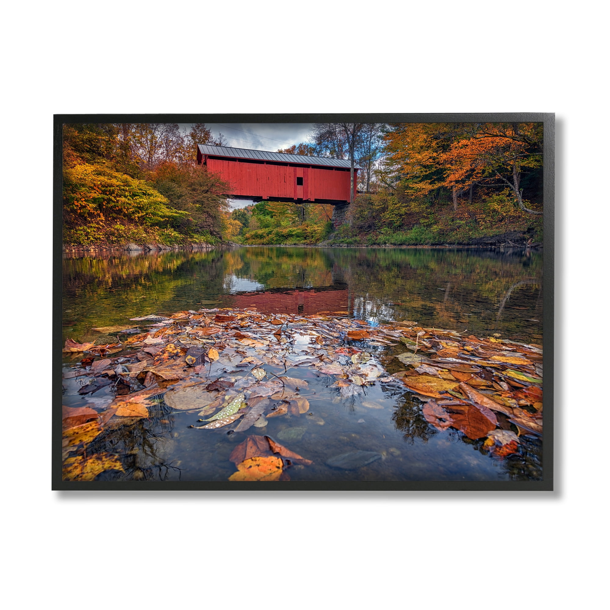 Stupell Autumnal Foliage River Bridge Landscape Photography Black Framed Art Print Wall Art